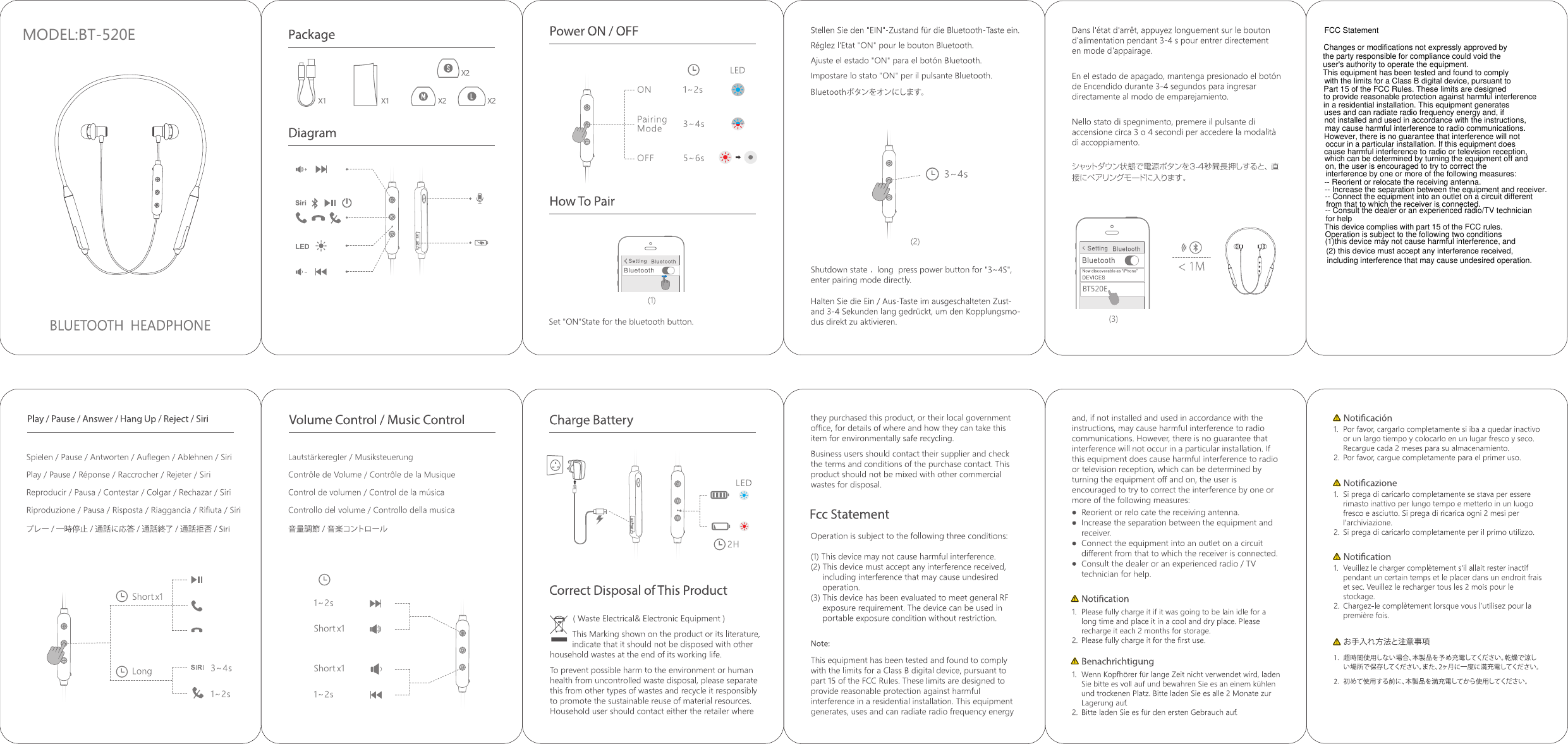 (2) this device must accept any interference received, cause harmful interference to radio or television reception, However, there is no guarantee that interference will not Part 15 of the FCC Rules. These limits are designedMODEL:BT-520EBT520EFCC StatementChanges or modifications not expressly approved bythe party responsible for compliance could void the user&apos;s authority to operate the equipment.This equipment has been tested and found to comply with the limits for a Class B digital device, pursuant to to provide reasonable protection against harmful interference in a residential installation. This equipment generates uses and can radiate radio frequency energy and, if not installed and used in accordance with the instructions, may cause harmful interference to radio communications. occur in a particular installation. If this equipment does which can be determined by turning the equipment off and on, the user is encouraged to try to correct the interference by one or more of the following measures:-- Reorient or relocate the receiving antenna.-- Increase the separation between the equipment and receiver.-- Connect the equipment into an outlet on a circuit different from that to which the receiver is connected.-- Consult the dealer or an experienced radio/TV technician for helpThis device complies with part 15 of the FCC rules. Operation is subject to the following two conditions (1)this device may not cause harmful interference, and including interference that may cause undesired operation.