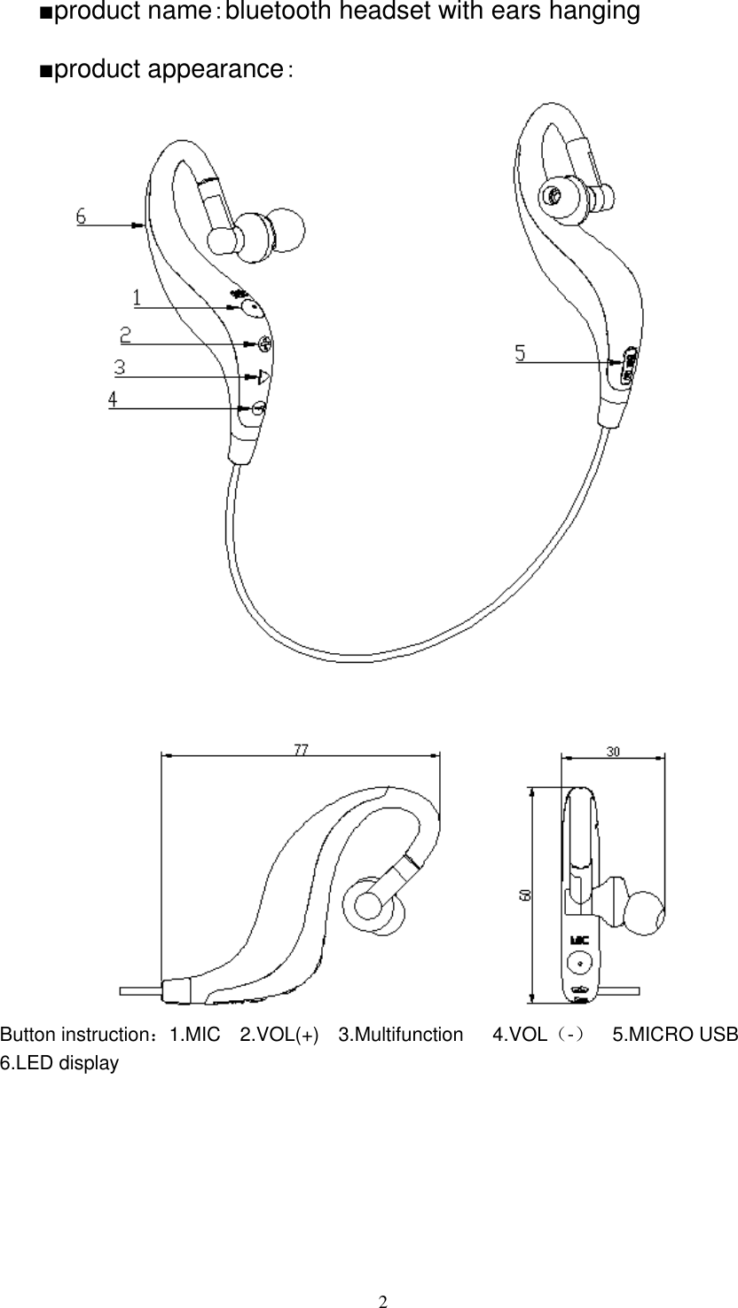                                                                                                                                2 ■product name：bluetooth headset with ears hanging ■product appearance：  Button instruction：1.MIC    2.VOL(+)    3.Multifunction      4.VOL（-）  5.MICRO USB   6.LED display     