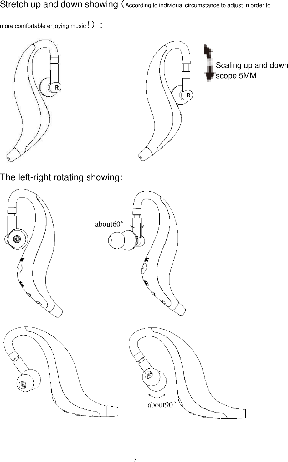                                                                                                                                3 Stretch up and down showing（According to individual circumstance to adjust,in order to more comfortable enjoying music！） :                      The left-right rotating showing:                    Scaling up and down scope 5MM about60° °° about90° 