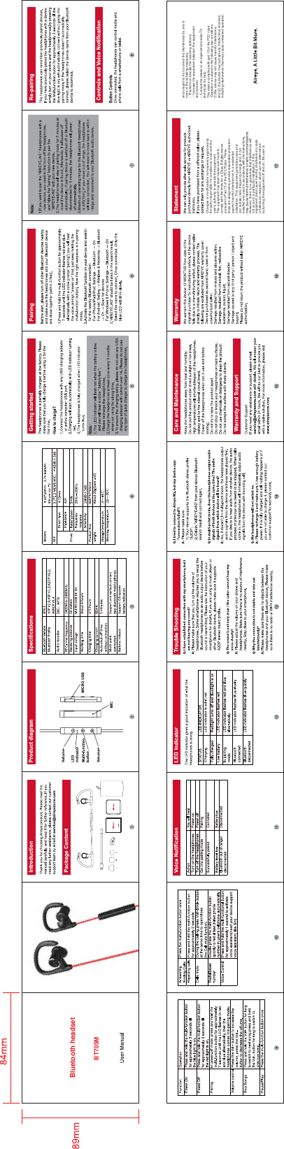 Bluetooth headsetBT705MChanges or modifications not expressly approved bythe party responsible for compliance could void theuser&apos;s authority to operate the equipment.This equipment has been tested and found tocomply with the limits for a Class B digital devicepursuant to Part 15 of the FCC Rules. Theselimits are designed to provide reasonable protectionagainst harmful interference in a residential installation. This equipment generates uses andcan radiate radio frequency energy and, if notinstalled and used in accordance with the instructions,may cause harmful interference to radio communications.However, there is no guarantee that interference willnot occur in a particular installation. If thisequipment does cause harmful interference to radioor television reception, which can be determinedby turning the equipment off and on, the user isencouraged to try to correct the interference by one ormore of the following measures:-- Reorient or relocate the receiving antenna.-- Increase the separation between the equipmentand receiver.-- Consult the dealer or an experienced radio/TVtechnician for helpThis device complies with part 15 of the FCC rules Operation is subject to the following two conditions (1)this device may not cause harmful interference,and (2) this device must accept any interference received,including interference that may cause undesired operation.