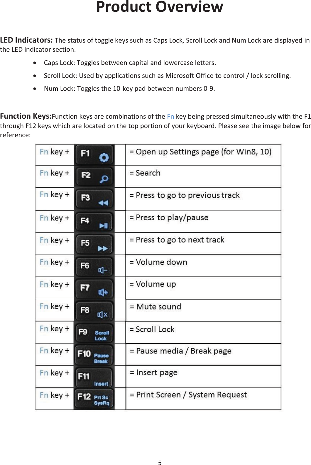 5 Product Overview  LED Indicators: The status of toggle keys such as Caps Lock, Scroll Lock and Num Lock are displayed in the LED indicator section. xCaps Lock: Toggles between capital and lowercase letters. xScroll Lock: Used by applications such as Microsoft Office to control / lock scrolling. xNum Lock: Toggles the 10-key pad between numbers 0-9.  Function Keys:Function keys are combinations of the Fn key being pressed simultaneously with the F1 through F12 keys which are located on the top portion of your keyboard. Please see the image below for reference: 