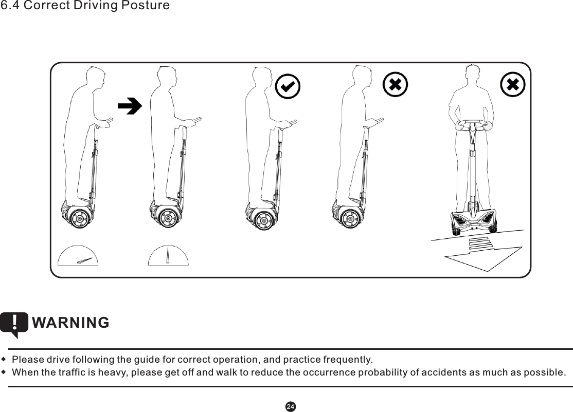 6.4 Correct Driving Posture ◆  Please drive following the guide for correct operation, and practice frequently. ◆  When the traffic is heavy, please get off and walk to reduce the occurrence probability of accidents as much as possible.  WARNING !24