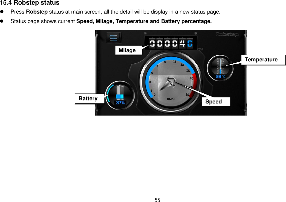 5515.4 Robstep status Press Robstep status at main screen, all the detail will be display in a new status page.  Status page shows current Speed, Milage, Temperature and Battery percentage.SpeedMilageBatteryTemperature