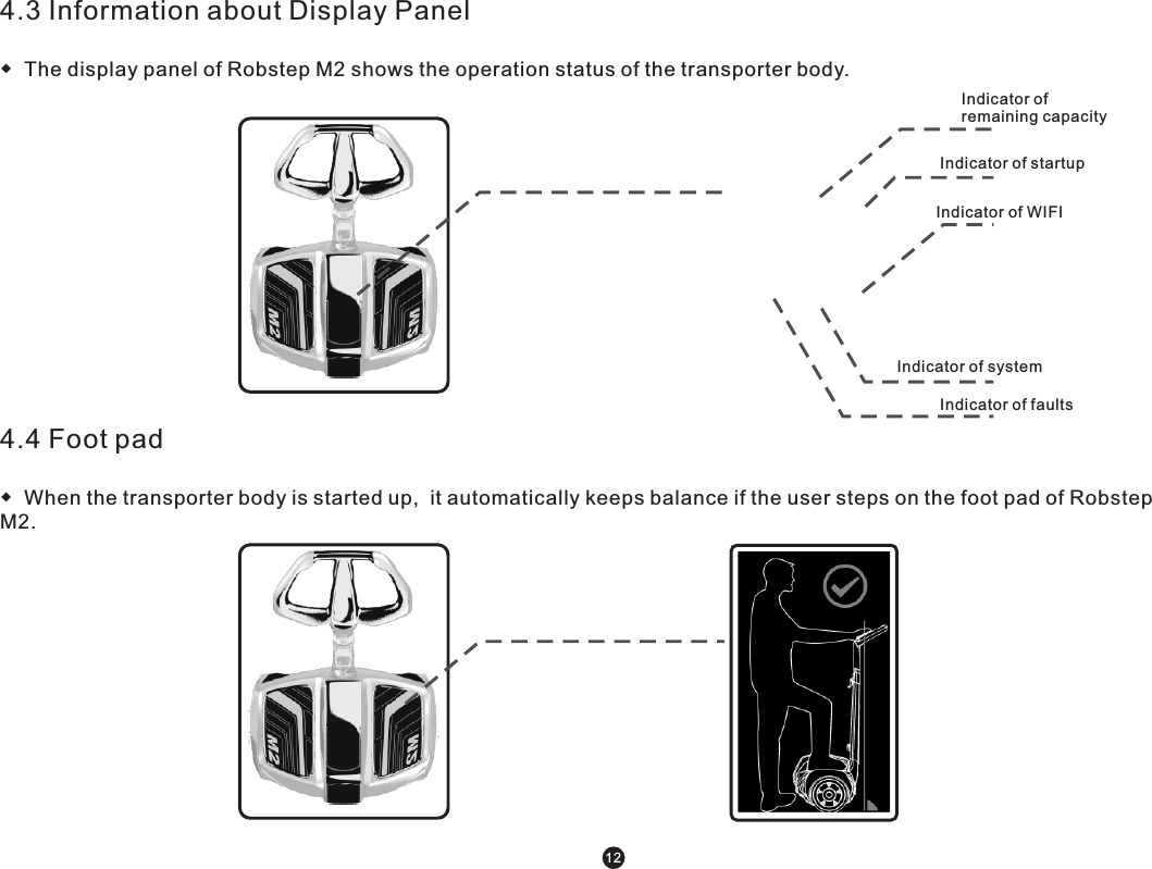 4.3 Information about Display Panel◆  The display panel of Robstep M2 shows the operation status of the transporter body.  4.4 Foot pad◆  When the transporter body is started up,  it automatically keeps balance if the user steps on the foot pad of Robstep M2.  Indicator of remaining capacity Indicator of startup Indicator of WIFI Indicator of faults Indicator of system 12