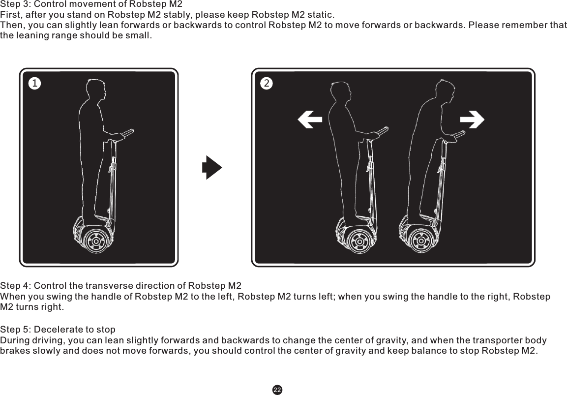 Step 3: Control movement of Robstep M2First, after you stand on Robstep M2 stably, please keep Robstep M2 static. Then, you can slightly lean forwards or backwards to control Robstep M2 to move forwards or backwards. Please remember that the leaning range should be small. Step 4: Control the transverse direction of Robstep M2When you swing the handle of Robstep M2 to the left, Robstep M2 turns left; when you swing the handle to the right, Robstep M2 turns right. Step 5: Decelerate to stopDuring driving, you can lean slightly forwards and backwards to change the center of gravity, and when the transporter body brakes slowly and does not move forwards, you should control the center of gravity and keep balance to stop Robstep M2. 1222