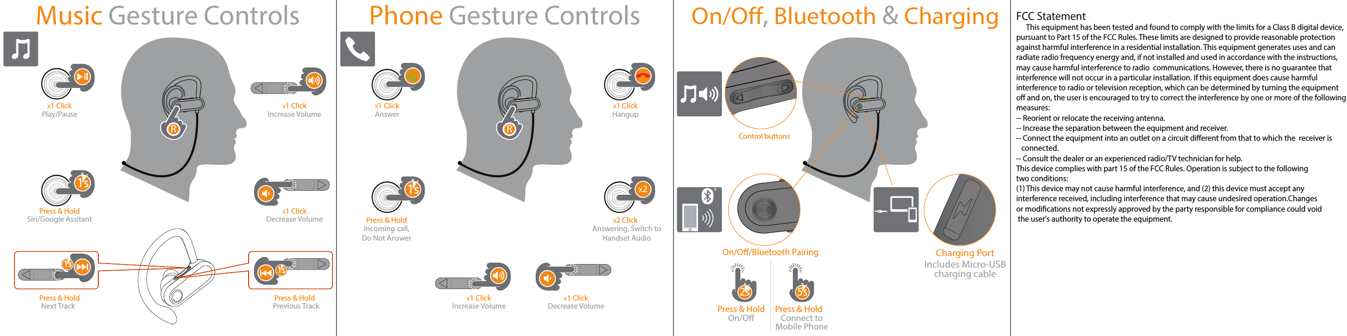 RRRRX2 ClickAnswerX1 Click X1 ClickMusic Gesture Controls Phone Gesture ControlsHangupSiri/Google AssitantPress &amp; HoldPress &amp; Hold Press &amp; HoldPress &amp; HoldIncludes Micro-USBcharging cableCharging PortFCC Statement      This equipment has been tested and found to comply with the limits for a Class B digital device, pursuant to Part 15 of the FCC Rules. These limits are designed to provide reasonable protection against harmful interference in a residential installation. This equipment generates uses and can radiate radio frequency energy and, if not installed and used in accordance with the instructions, may cause harmful interference to radio  communications. However, there is no guarantee thatinterference will not occur in a particular installation. If this equipment does cause harmful interference to radio or television reception, which can be determined by turning the equipment o and on, the user is encouraged to try to correct the interference by one or more of the followingmeasures:-- Reorient or relocate the receiving antenna.  -- Increase the separation between the equipment and receiver.   -- Connect the equipment into an outlet on a circuit dierent from that to which the  receiver is   connected.  -- Consult the dealer or an experienced radio/TV technician for help.This device complies with part 15 of the FCC Rules. Operation is subject to the following two conditions:(1) This device may not cause harmful interference, and (2) this device must accept any interference received, including interference that may cause undesired operation.Changes or modications not expressly approved by the party responsible for compliance could void the user&apos;s authority to operate the equipment.On/O/Bluetooth PairingOn/O Connect toMobile PhonePress &amp; Hold Press &amp; Hold2s2s 5s5sOn/O, Bluetooth &amp; ChargingAnswering, Switch toHandset AudioIncoming call,Do Not AnswerPrevious TrackNext TrackPlay/PauseX1 Click1s1s X2X21s1sIncrease VolumeX1 ClickIncrease VolumeX1 Click1s1s 1s1sDecrease VolumeX1 ClickDecrease VolumeX1 ClickControl buttons