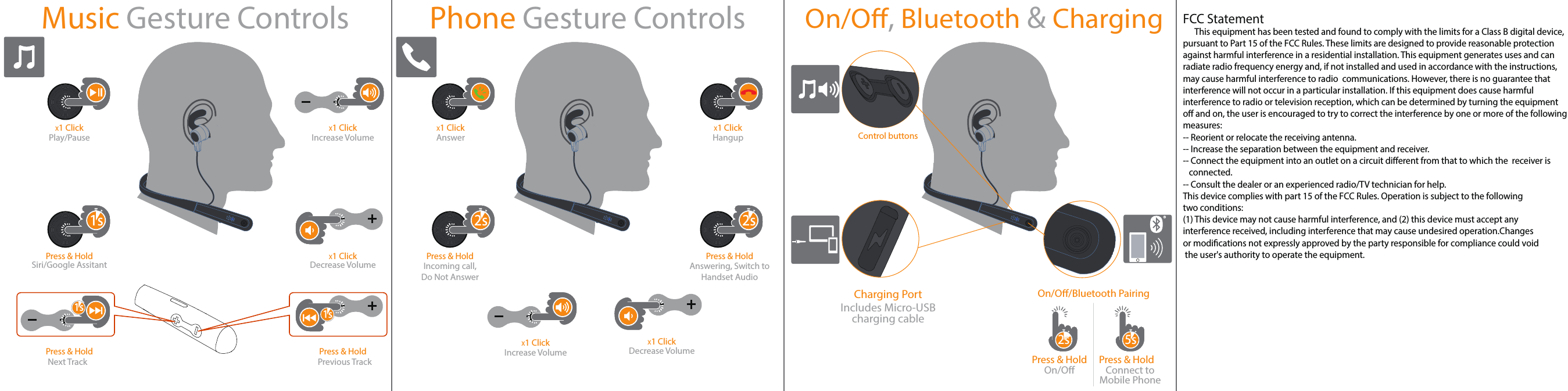 Press &amp; HoldAnswerX1 Click X1 ClickMusic Gesture Controls Phone Gesture ControlsHangupSiri/Google AssitantPress &amp; HoldPress &amp; Hold Press &amp; HoldPress &amp; HoldIncludes Micro-USBcharging cableCharging PortFCC Statement      This equipment has been tested and found to comply with the limits for a Class B digital device, pursuant to Part 15 of the FCC Rules. These limits are designed to provide reasonable protection against harmful interference in a residential installation. This equipment generates uses and can radiate radio frequency energy and, if not installed and used in accordance with the instructions, may cause harmful interference to radio  communications. However, there is no guarantee thatinterference will not occur in a particular installation. If this equipment does cause harmful interference to radio or television reception, which can be determined by turning the equipment o and on, the user is encouraged to try to correct the interference by one or more of the followingmeasures:-- Reorient or relocate the receiving antenna.  -- Increase the separation between the equipment and receiver.   -- Connect the equipment into an outlet on a circuit dierent from that to which the  receiver is   connected.  -- Consult the dealer or an experienced radio/TV technician for help.This device complies with part 15 of the FCC Rules. Operation is subject to the following two conditions:(1) This device may not cause harmful interference, and (2) this device must accept any interference received, including interference that may cause undesired operation.Changes or modications not expressly approved by the party responsible for compliance could void the user&apos;s authority to operate the equipment.On/O/Bluetooth PairingOn/O Connect toMobile PhonePress &amp; Hold Press &amp; Hold2s2s 5s5sOn/O, Bluetooth &amp; ChargingAnswering, Switch toHandset AudioIncoming call,Do Not AnswerPrevious TrackNext TrackDecrease VolumeX1 ClickIncrease VolumeX1 ClickPlay/PauseX1 Click1s1s 2s2s2s2sIncrease VolumeX1 Click Decrease VolumeX1 Click1s1s 1s1sControl buttons
