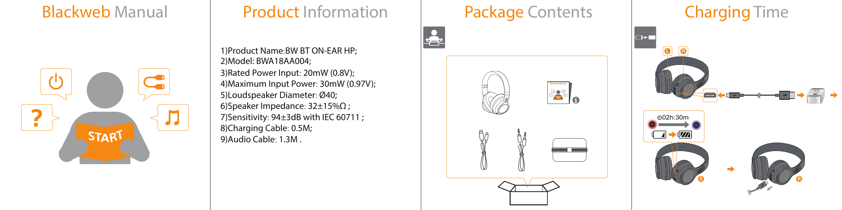 Blackweb Manual Package ContentsBlackweb ManualCharging TimeRRRR02h:30mRRLLProduct Information1)Product Name:BW BT ON-EAR HP;2)Model: BWA18AA004;3)Rated Power Input: 20mW (0.8V);4)Maximum Input Power: 30mW (0.97V);5)Loudspeaker Diameter: Ø40;6)Speaker Impedance: 32±15%Ω ;7)Sensitivity: 94±3dB with IEC 60711 ;8)Charging Cable: 0.5M;9)Audio Cable: 1.3M . 