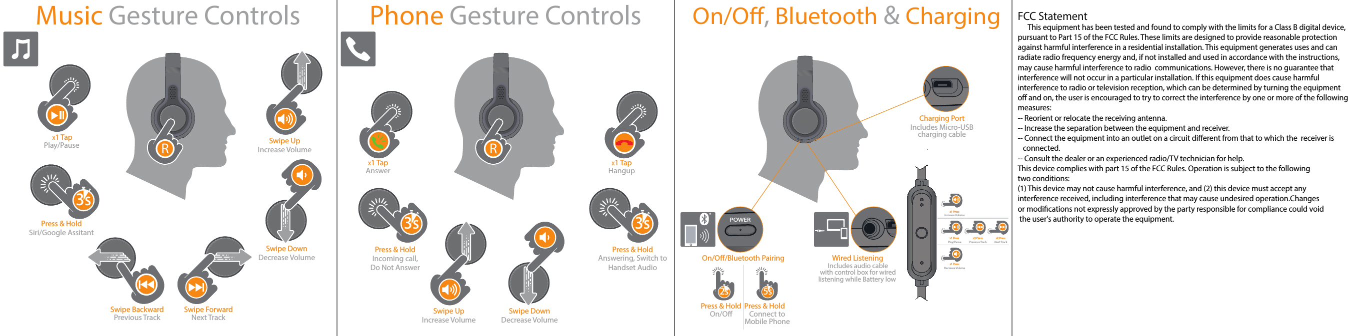 Press &amp; HoldAnswerX1 Tap X1 TapMusic Gesture Controls Phone Gesture ControlsHangupPlay/PauseX1 TapSiri/Google AssitantPress &amp; HoldPress &amp; HoldIncrease VolumeSwipe UpIncrease VolumeSwipe UpDecrease VolumeSwipe DownDecrease VolumeSwipe DownIncludes Micro-USBcharging cableWired ListeningCharging PortFCC Statement      This equipment has been tested and found to comply with the limits for a Class B digital device, pursuant to Part 15 of the FCC Rules. These limits are designed to provide reasonable protection against harmful interference in a residential installation. This equipment generates uses and can radiate radio frequency energy and, if not installed and used in accordance with the instructions, may cause harmful interference to radio  communications. However, there is no guarantee thatinterference will not occur in a particular installation. If this equipment does cause harmful interference to radio or television reception, which can be determined by turning the equipment o and on, the user is encouraged to try to correct the interference by one or more of the followingmeasures:-- Reorient or relocate the receiving antenna.  -- Increase the separation between the equipment and receiver.   -- Connect the equipment into an outlet on a circuit dierent from that to which the  receiver is   connected.  -- Consult the dealer or an experienced radio/TV technician for help.This device complies with part 15 of the FCC Rules. Operation is subject to the following two conditions:(1) This device may not cause harmful interference, and (2) this device must accept any interference received, including interference that may cause undesired operation.Changes or modications not expressly approved by the party responsible for compliance could void the user&apos;s authority to operate the equipment.3s3s3s3s3s3sOn/O/Bluetooth PairingOn/O Connect toMobile PhonePress &amp; Hold Press &amp; Hold2s2s 5s5sRRRRNext TrackSwipe ForwardPrevious TrackSwipe BackwardIncludes audio cable with control box for wired listening while Battery low On/O, Bluetooth &amp; ChargingAnswering, Switch toHandset AudioIncoming call,Do Not AnswerX3 Press X2 PressX1 PressPrevious Track Next TrackX1 PressIncrease VolumeX1 PressDecrease VolumePlay/PausePOWER