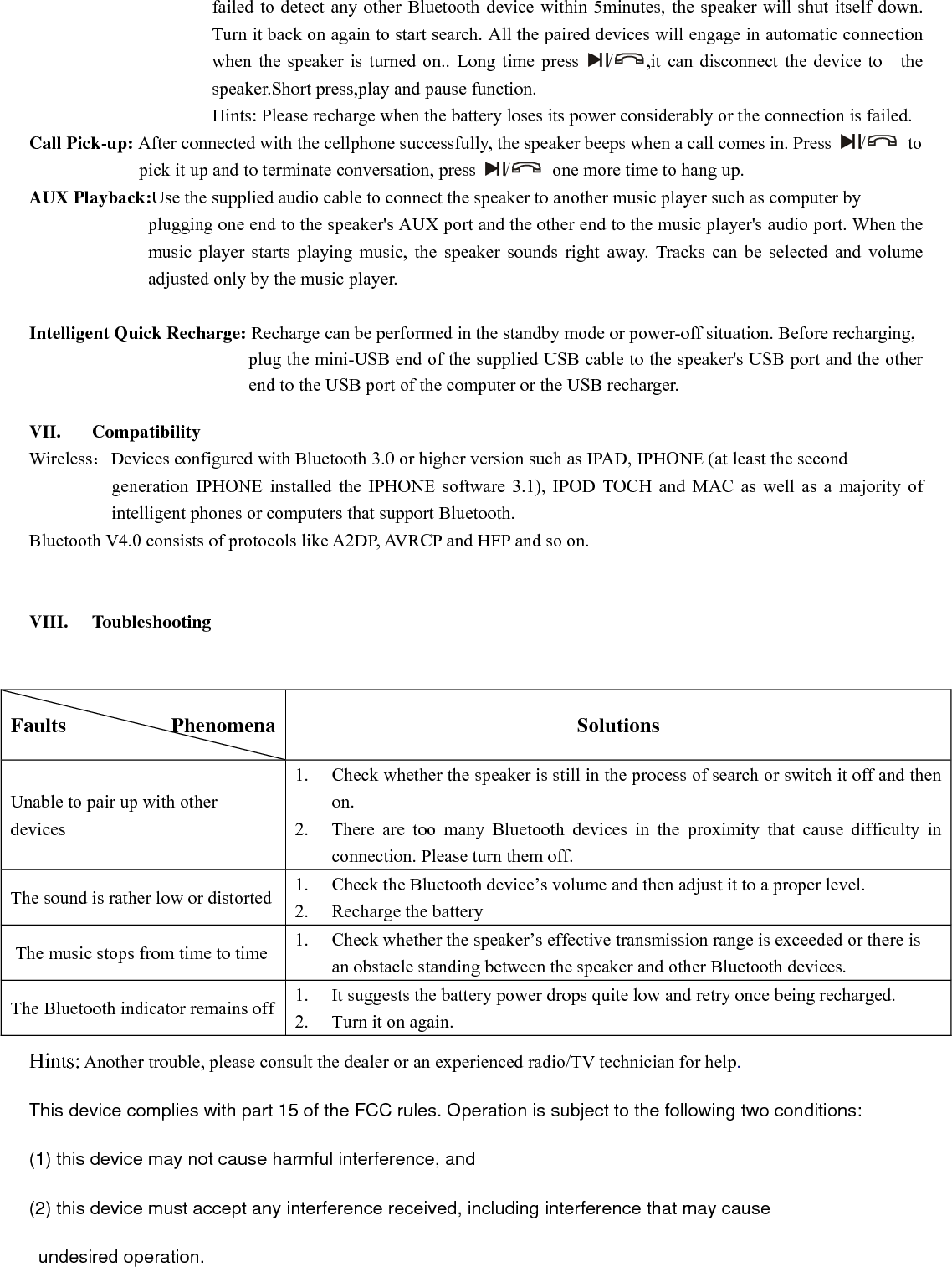  Changes or modifications to this unit not expressly approved by the party responsible for compliance could void   the user’s authority to operate the equipment.  