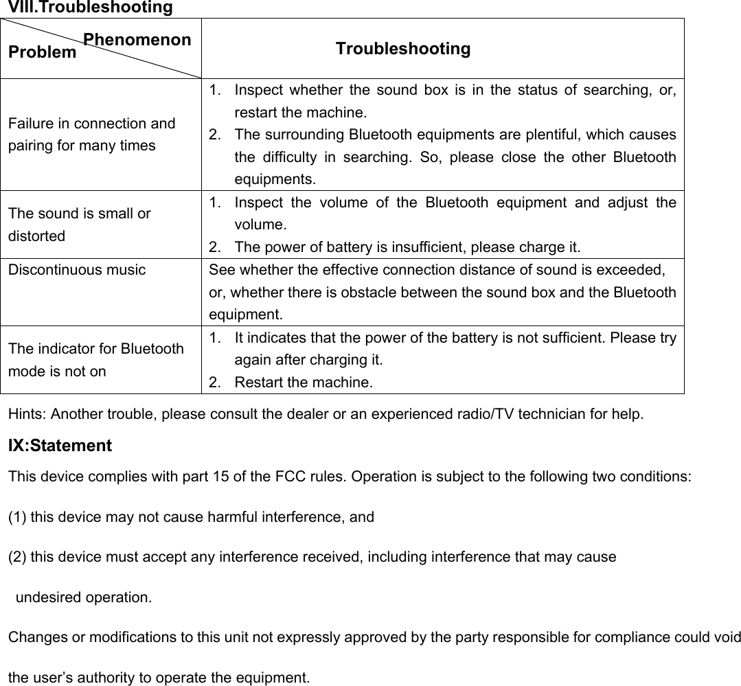      VIII.Troubleshooting  Problem           Troubleshooting Failure in connection and pairing for many times 1.  Inspect whether the sound box is in the status of searching, or, restart the machine. 2.  The surrounding Bluetooth equipments are plentiful, which causes the difficulty in searching. So, please close the other Bluetooth equipments. The sound is small or distorted 1.  Inspect the volume of the Bluetooth equipment and adjust the volume. 2.  The power of battery is insufficient, please charge it. Discontinuous music  See whether the effective connection distance of sound is exceeded, or, whether there is obstacle between the sound box and the Bluetooth equipment. The indicator for Bluetooth mode is not on   1.  It indicates that the power of the battery is not sufficient. Please try again after charging it. 2.  Restart the machine. Hints: Another trouble, please consult the dealer or an experienced radio/TV technician for help. IX:Statement This device complies with part 15 of the FCC rules. Operation is subject to the following two conditions:   (1) this device may not cause harmful interference, and   (2) this device must accept any interference received, including interference that may cause  undesired operation.  Changes or modifications to this unit not expressly approved by the party responsible for compliance could void   the user’s authority to operate the equipment.  Phenomenon 