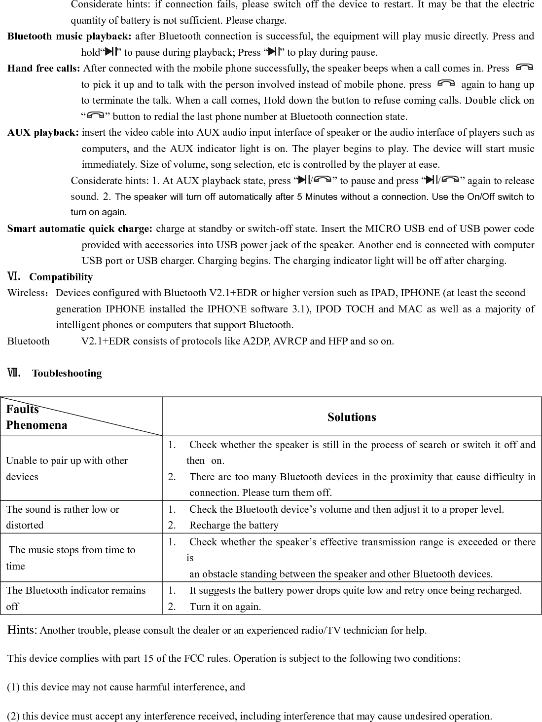  Changes or modifications to this unit not expressly approved by the party responsible for compliance could void the user’s authority to operate the equipment.  