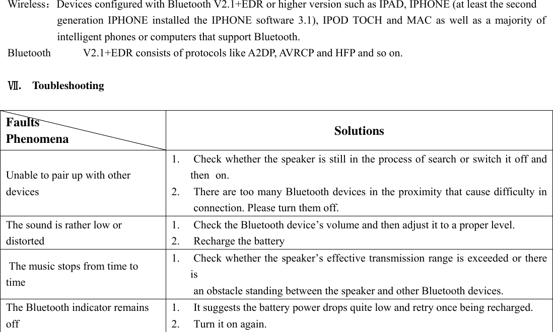  Wireless：Devices configured with Bluetooth V2.1+EDR or higher version such as IPAD, IPHONE (at least the second   generation IPHONE installed the IPHONE software 3.1), IPOD TOCH and MAC as well as a majority of intelligent phones or computers that support Bluetooth. Bluetooth  V2.1+EDR consists of protocols like A2DP, AVRCP and HFP and so on.    Ⅶ.    Toubleshooting  Faults                   Phenomena           Solutions Unable to pair up with other devices   1.  Check whether the speaker is still in the process of search or switch it off and then   on.   2.  There are too many Bluetooth devices in the proximity that cause difficulty in  connection. Please turn them off.   The sound is rather low or distorted   1.  Check the Bluetooth device’s volume and then adjust it to a proper level.   2.  Recharge the battery   The music stops from time to time 1.  Check whether the speaker’s effective transmission range is exceeded or there is     an obstacle standing between the speaker and other Bluetooth devices.   The Bluetooth indicator remains off 1.  It suggests the battery power drops quite low and retry once being recharged.   2.  Turn it on again.    