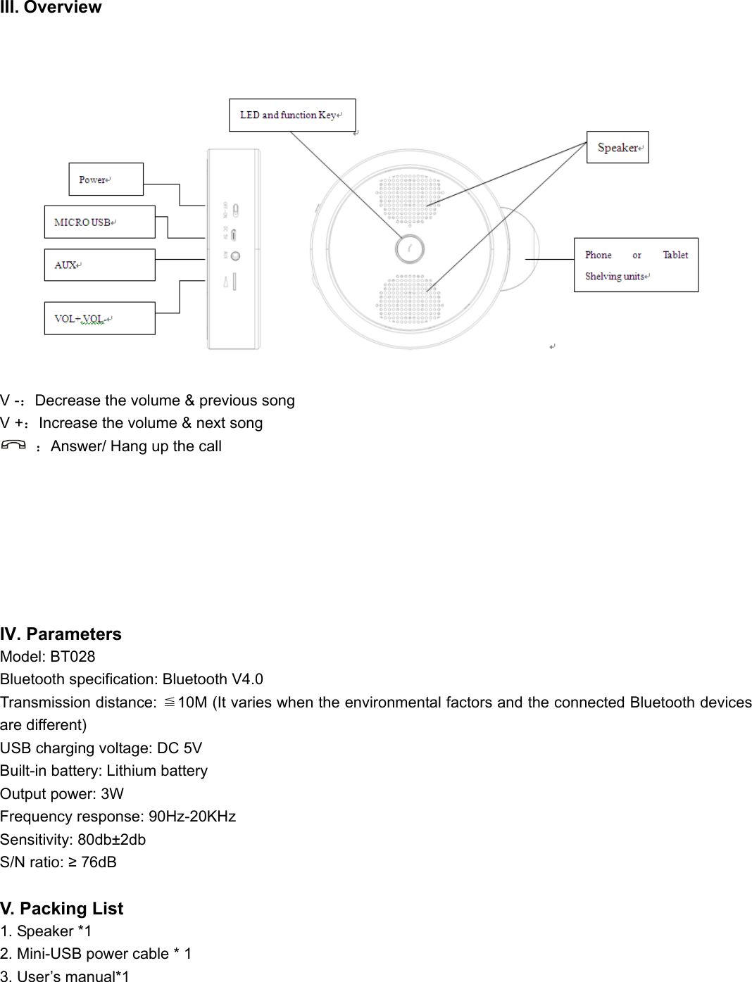  III. Overview                 V -：Decrease the volume &amp; previous song V +：Increase the volume &amp; next song  ：Answer/ Hang up the call       IV. Parameters Model: BT028 Bluetooth specification: Bluetooth V4.0 Transmission distance:  10M (It varies when the environmental factors and the connected Bluetooth devices ≦are different) USB charging voltage: DC 5V Built-in battery: Lithium battery Output power: 3W Frequency response: 90Hz-20KHz Sensitivity: 80db±2db S/N ratio: ≥ 76dB  V. Packing List 1. Speaker *1 2. Mini-USB power cable * 1 3. User’s manual*1     