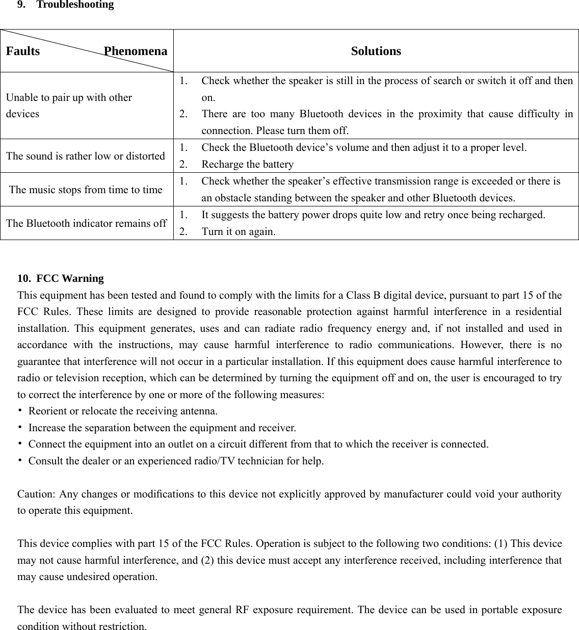   9. Troubleshooting  Faults          Phenomena  Solutions Unable to pair up with other devices  1.  Check whether the speaker is still in the process of search or switch it off and then  on.   2.  There are too many Bluetooth devices in the proximity that cause difficulty in  connection. Please turn them off.   The sound is rather low or distorted    1.  Check the Bluetooth device’s volume and then adjust it to a proper level.   2.  Recharge the battery   The music stops from time to time  1.  Check whether the speaker’s effective transmission range is exceeded or there is     an obstacle standing between the speaker and other Bluetooth devices.   The Bluetooth indicator remains off  1.  It suggests the battery power drops quite low and retry once being recharged.   2.  Turn it on again.    10. FCC Warning This equipment has been tested and found to comply with the limits for a Class B digital device, pursuant to part 15 of the FCC Rules. These limits are designed to provide reasonable protection against harmful interference in a residential installation. This equipment generates, uses and can radiate radio frequency energy and, if not installed and used in accordance with the instructions, may cause harmful interference to radio communications. However, there is no guarantee that interference will not occur in a particular installation. If this equipment does cause harmful interference to radio or television reception, which can be determined by turning the equipment off and on, the user is encouraged to try to correct the interference by one or more of the following measures: •  Reorient or relocate the receiving antenna. •  Increase the separation between the equipment and receiver. •  Connect the equipment into an outlet on a circuit different from that to which the receiver is connected. •  Consult the dealer or an experienced radio/TV technician for help.  Caution: Any changes or modiﬁcations to this device not explicitly approved by manufacturer could void your authority to operate this equipment.  This device complies with part 15 of the FCC Rules. Operation is subject to the following two conditions: (1) This device may not cause harmful interference, and (2) this device must accept any interference received, including interference that may cause undesired operation.  The device has been evaluated to meet general RF exposure requirement. The device can be used in portable exposure condition without restriction. 