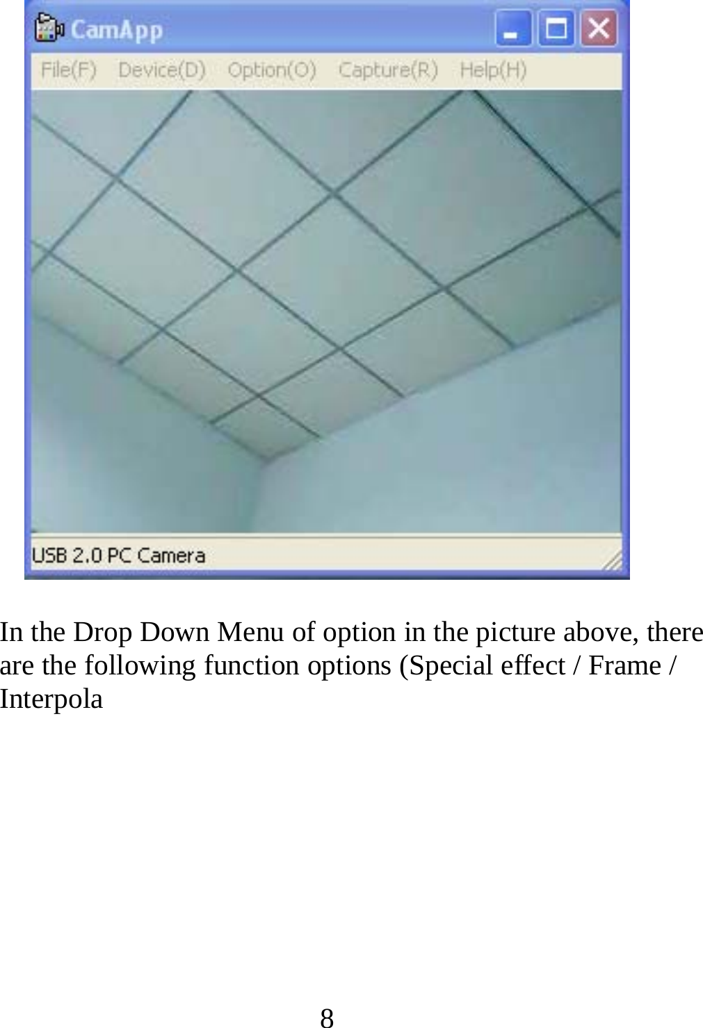   8 In the Drop Down Menu of option in the picture above, there are the following function options (Special effect / Frame / Interpola 