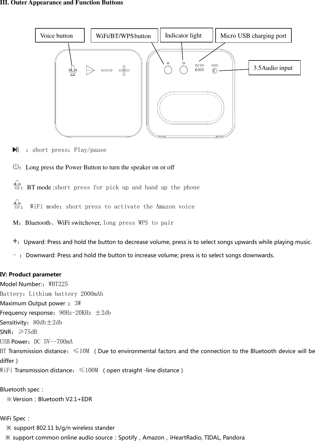   III. Outer Appearance and Function Buttons     ：short press：Play/pause ： Long press the Power Button to turn the speaker on or off ：BT mode :short press for pick up and hand up the phone ； WiFi mode：short press to activate the Amazon voice  M：Bluetooth、WiFi switchover, long press WPS to pair +：Upward: Press and hold the button to decrease volume, press is to select songs upwards while playing music. - ：Downward: Press and hold the button to increase volume; press is to select songs downwards.   IV: Product parameter Model Number:：WBT225 Battery：Lithium battery 2000mAh Maximum Output power：：3W Frequency response：90Hz-20KHz ±2db Sensitivity：80db±2db SNR：≥75dB USB Power：DC 5V--700mA BT Transmission distance：≤10M （Due to environmental factors and the connection to the Bluetooth device will be differ） WiFi Transmission distance：≤100M （open straight -line distance）  Bluetooth spec： ※ Version：Bluetooth V2.1+EDR  WiFi Spec： ※  support 802.11 b/g/n wireless stander ※  support common online audio source：Spotify，Amazon，iHeartRadio, TIDAL, Pandora Micro USB charging port 3.5Audio input Indicator light Voice button WiFi/BT/WPS button 