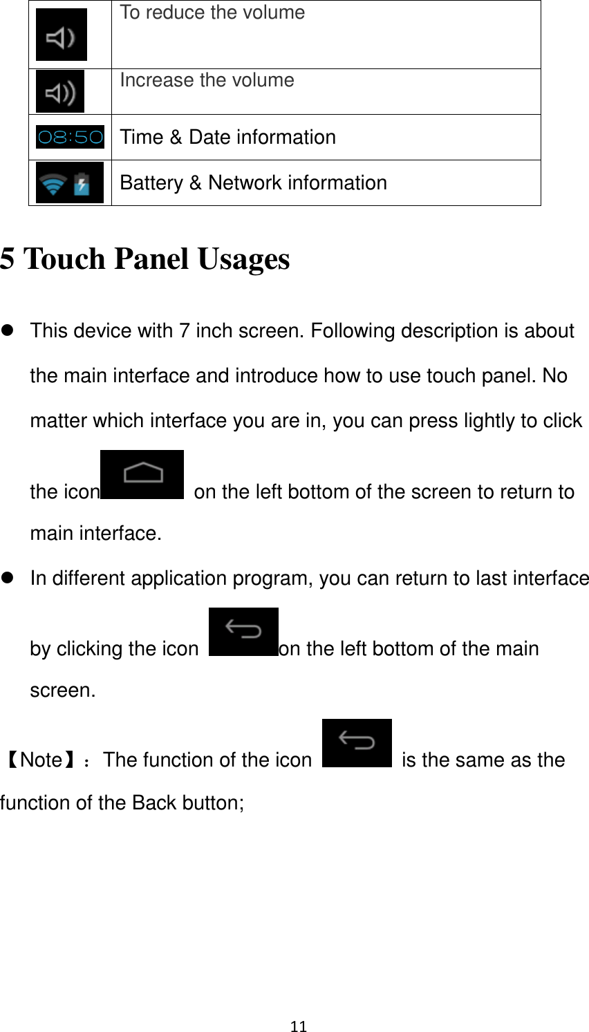 11                                                    To reduce the volume  Increase the volume  Time &amp; Date information  Battery &amp; Network information 5 Touch Panel Usages   This device with 7 inch screen. Following description is about the main interface and introduce how to use touch panel. No matter which interface you are in, you can press lightly to click the icon   on the left bottom of the screen to return to main interface.   In different application program, you can return to last interface by clicking the icon  on the left bottom of the main screen. 【Note】：The function of the icon    is the same as the function of the Back button; 