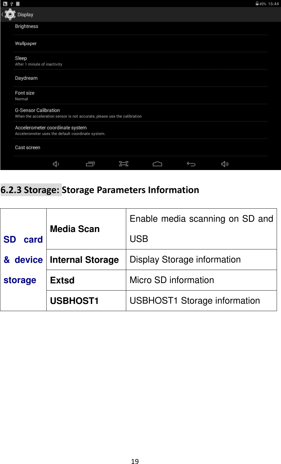 19                                                    6.2.3 Storage: Storage Parameters Information SD  card &amp;  device storage Media Scan Enable media scanning on SD and USB Internal Storage Display Storage information Extsd Micro SD information USBHOST1 USBHOST1 Storage information 