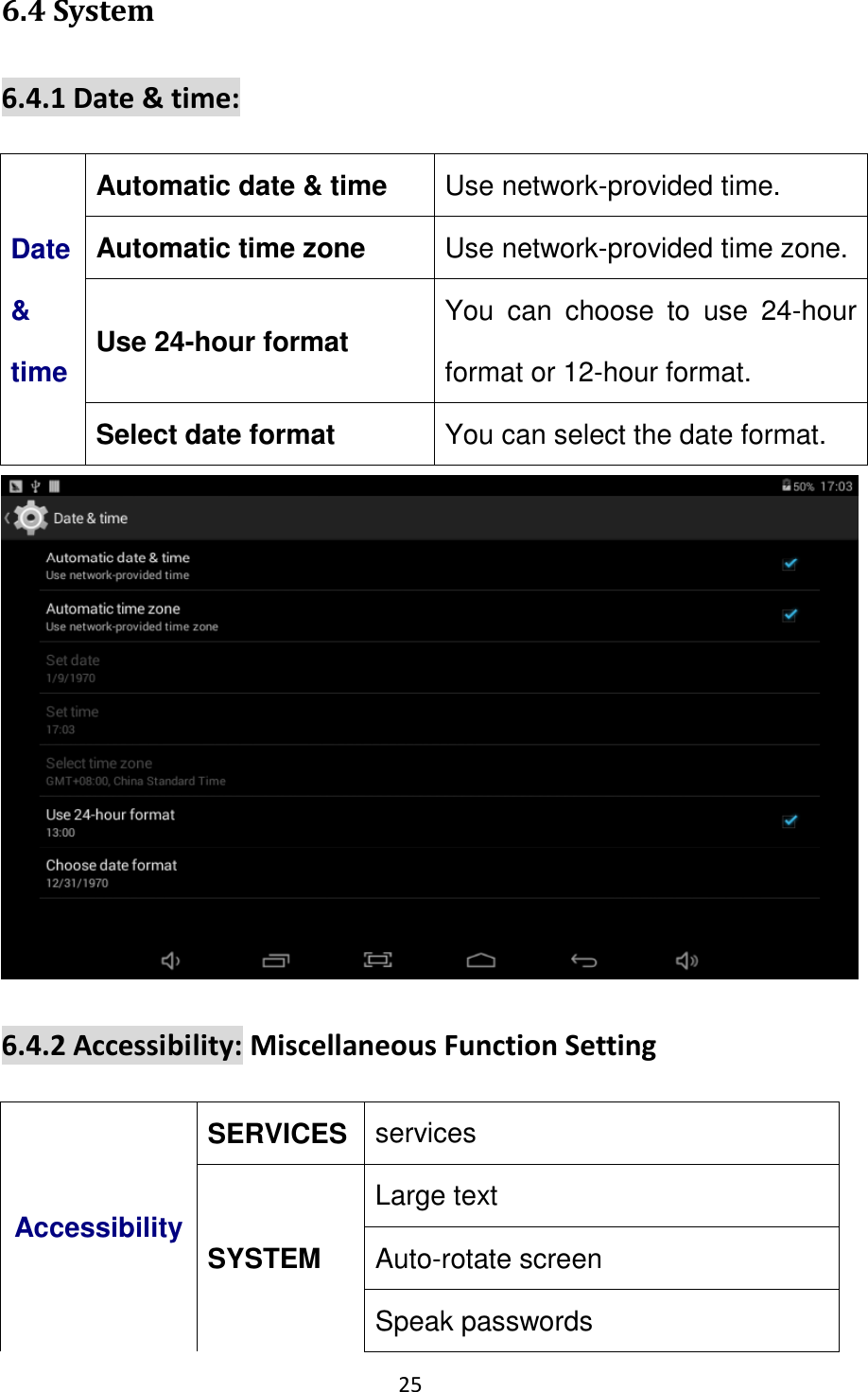 25                                                   6.4 System 6.4.1 Date &amp; time: Date &amp; time Automatic date &amp; time Use network-provided time. Automatic time zone Use network-provided time zone. Use 24-hour format You  can  choose  to  use  24-hour format or 12-hour format. Select date format You can select the date format.  6.4.2 Accessibility: Miscellaneous Function Setting Accessibility SERVICES services SYSTEM Large text       Auto-rotate screen Speak passwords 