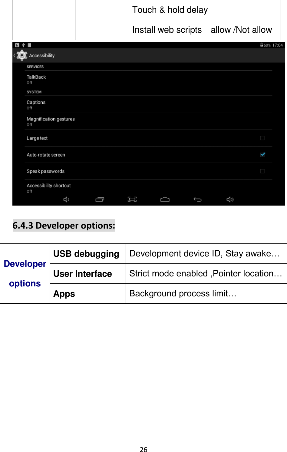 26                                                   Touch &amp; hold delay Install web scripts    allow /Not allow  6.4.3 Developer options: Developer options USB debugging Development device ID, Stay awake… User Interface Strict mode enabled ,Pointer location… Apps Background process limit… 