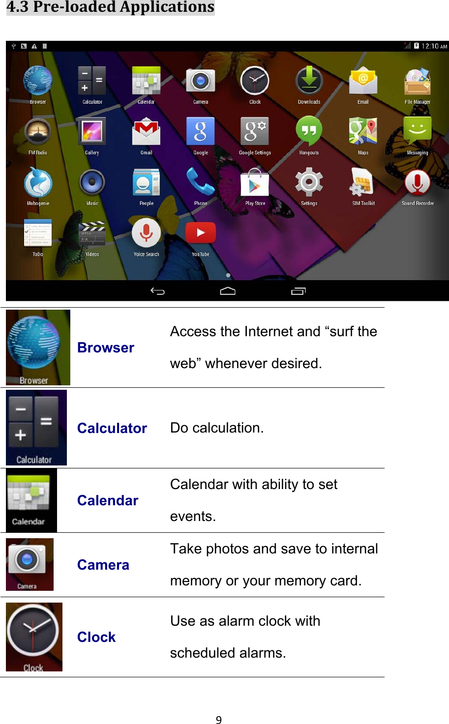 94.3Pre‐loadedApplications Browser Access the Internet and “surf the web” whenever desired.  Calculator Do calculation.  Calendar Calendar with ability to set events.  Camera Take photos and save to internal memory or your memory card.  Clock Use as alarm clock with scheduled alarms. 