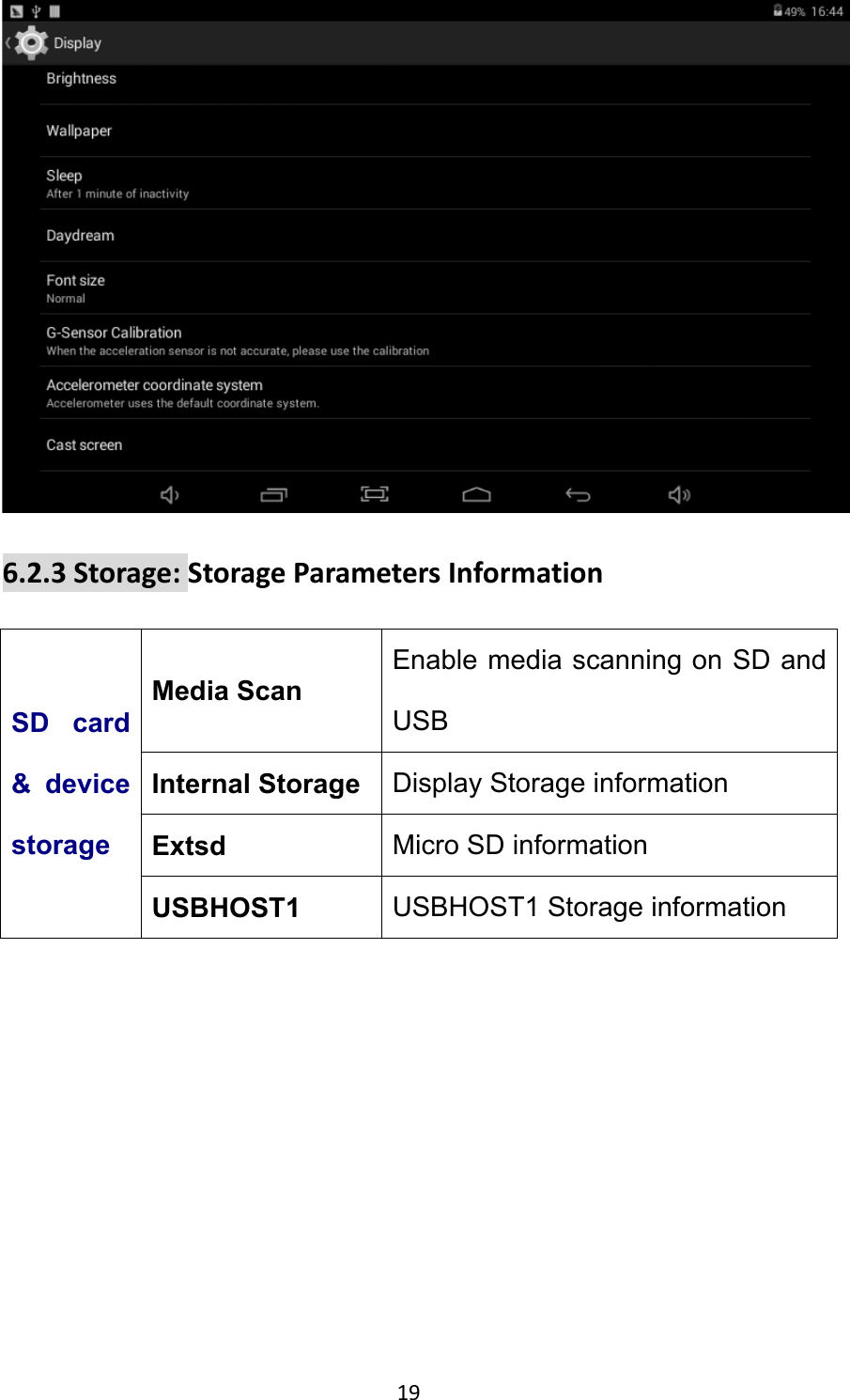 19  6.2.3Storage:StorageParametersInformationSD card &amp; device storage Media Scan Enable media scanning on SD and USB Internal Storage  Display Storage information Extsd  Micro SD information USBHOST1  USBHOST1 Storage information 