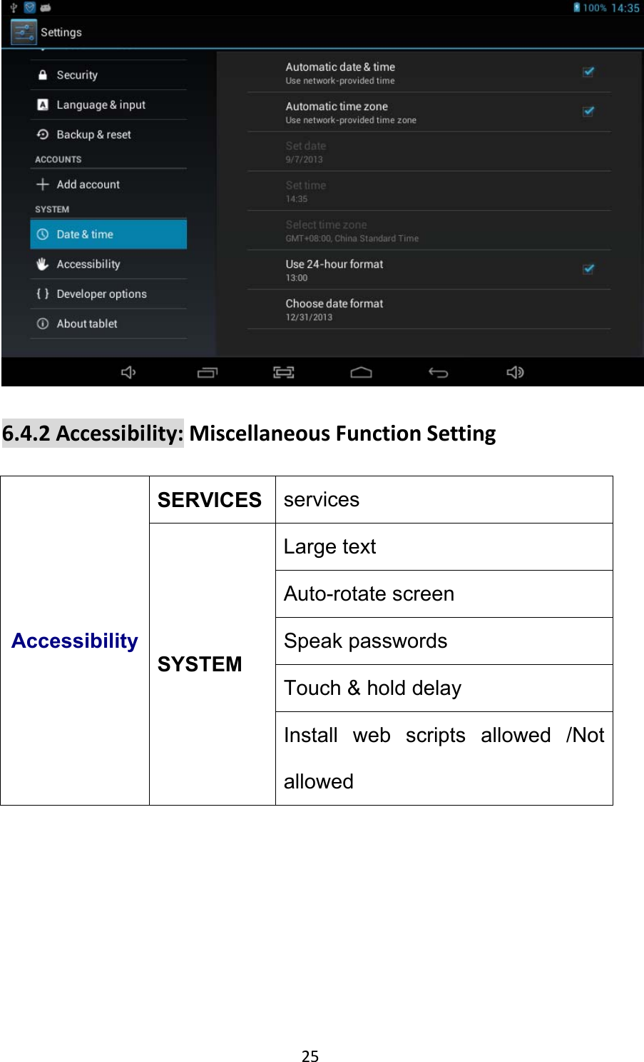 25  6.4.2Accessibility:MiscellaneousFunctionSettingAccessibilitySERVICES services SYSTEM Large text    Auto-rotate screen Speak passwords Touch &amp; hold delay Install web scripts allowed /Not allowed 