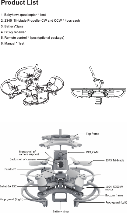 Product List1. Babyhawk quadcopter * 1set 2. 2345  Tri-blade Propeller CW and CCW * 4pcs each 3. Battery*2pcs 4. FrSky receiver 5. Remote control * 1pcs (optional package)6. Manual * 1set
