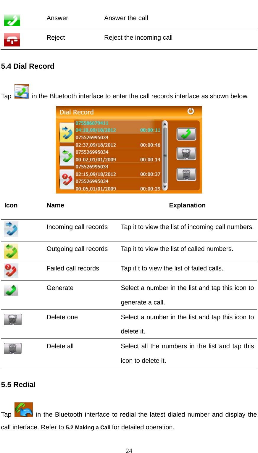  24  Answer  Answer the call  Reject  Reject the incoming call 5.4 Dial Record Tap    in the Bluetooth interface to enter the call records interface as shown below.  Icon Name  Explanation  Incoming call records  Tap it to view the list of incoming call numbers. Outgoing call records  Tap it to view the list of called numbers.  Failed call records  Tap it t to view the list of failed calls.  Generate    Select a number in the list and tap this icon to generate a call.  Delete one  Select a number in the list and tap this icon to delete it.  Delete all  Select all the numbers in the list and tap this icon to delete it. 5.5 Redial Tap   in the Bluetooth interface to redial the latest dialed number and display the call interface. Refer to 5.2 Making a Call for detailed operation. 