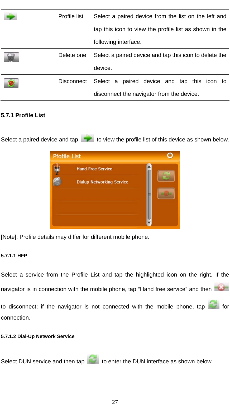  27  Profile list  Select a paired device from the list on the left and tap this icon to view the profile list as shown in the following interface.  Delete one  Select a paired device and tap this icon to delete the device.  Disconnect Select a paired device and tap this icon to disconnect the navigator from the device. 5.7.1 Profile List Select a paired device and tap    to view the profile list of this device as shown below.  [Note]: Profile details may differ for different mobile phone. 5.7.1.1 HFP Select a service from the Profile List and tap the highlighted icon on the right. If the navigator is in connection with the mobile phone, tap “Hand free service” and then    to disconnect; if the navigator is not connected with the mobile phone, tap   for connection. 5.7.1.2 Dial-Up Network Service Select DUN service and then tap    to enter the DUN interface as shown below. 