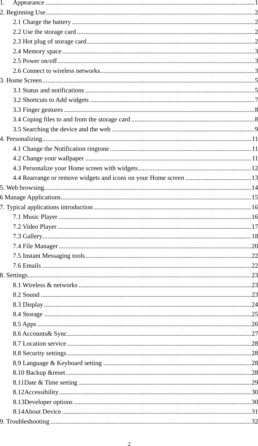 2 1. Appearance ............................................................................................................................... 1 2. Beginning Use ............................................................................................................................... 2 2.1 Charge the battery ............................................................................................................... 2 2.2 Use the storage card ............................................................................................................ 2 2.3 Hot plug of storage card ...................................................................................................... 2 2.4 Memory space ..................................................................................................................... 3 2.5 Power on/off ........................................................................................................................ 3 2.6 Connect to wireless networks .............................................................................................. 3 3. Home Screen ................................................................................................................................. 5 3.1 Status and notifications ....................................................................................................... 5 3.2 Shortcuts to Add widgets .................................................................................................... 7 3.3 Finger gestures .................................................................................................................... 8 3.4 Coping files to and from the storage card ........................................................................... 8 3.5 Searching the device and the web ....................................................................................... 9 4. Personalizing ............................................................................................................................... 11 4.1 Change the Notification ringtone ...................................................................................... 11 4.2 Change your wallpaper ..................................................................................................... 11 4.3 Personalize your Home screen with widgets ..................................................................... 12 4.4 Rearrange or remove widgets and icons on your Home screen ........................................ 13 5. Web browsing .............................................................................................................................. 14 6 Manage Applications .................................................................................................................... 15 7. Typical applications introduction ................................................................................................ 16 7.1 Music Player ..................................................................................................................... 16 7.2 Video Player ...................................................................................................................... 17 7.3 Gallery ............................................................................................................................... 18 7.4 File Manager ..................................................................................................................... 20 7.5 Instant Messaging tools ..................................................................................................... 22 7.6 Emails ............................................................................................................................... 22 8. Settings ........................................................................................................................................ 23 8.1 Wireless &amp; networks ......................................................................................................... 23 8.2 Sound ................................................................................................................................ 23 8.3 Display .............................................................................................................................. 24 8.4 Storage .............................................................................................................................. 25 8.5 Apps .................................................................................................................................. 26 8.6 Accounts&amp; Sync ................................................................................................................ 27 8.7 Location service ................................................................................................................ 28 8.8 Security settings ................................................................................................................ 28 8.9 Language &amp; Keyboard setting .......................................................................................... 28 8.10 Backup &amp;reset ................................................................................................................. 28 8.11Date &amp; Time setting ......................................................................................................... 29 8.12Accessibility ..................................................................................................................... 30 8.13Developer options ............................................................................................................ 30 8.14About Device ................................................................................................................... 31 9. Troubleshooting .......................................................................................................................... 32 