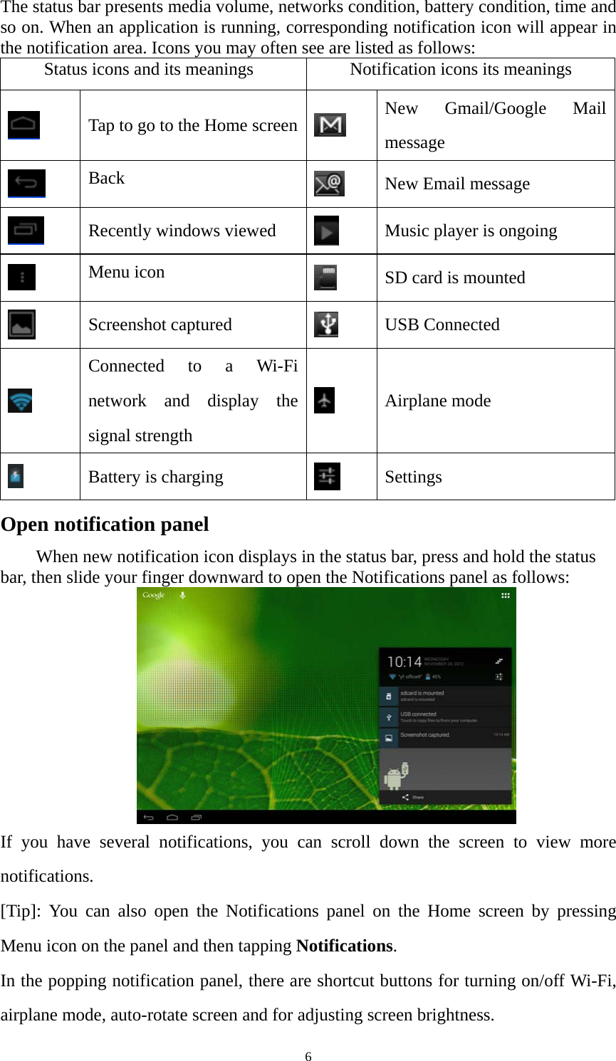 6 The status bar presents media volume, networks condition, battery condition, time and so on. When an application is running, corresponding notification icon will appear in the notification area. Icons you may often see are listed as follows:     Status icons and its meanings      Notification icons its meanings    Tap to go to the Home screen  New Gmail/Google Mail message  Back   New Email message  Recently windows viewed   Music player is ongoing  Menu icon   SD card is mounted  Screenshot captured     USB Connected  Connected to a Wi-Fi network and display the signal strength  Airplane mode  Battery is charging   Settings  Open notification panel When new notification icon displays in the status bar, press and hold the status bar, then slide your finger downward to open the Notifications panel as follows:    If you have several notifications, you can scroll down the screen to view more notifications. [Tip]: You can also open the Notifications panel on the Home screen by pressing Menu icon on the panel and then tapping Notifications. In the popping notification panel, there are shortcut buttons for turning on/off Wi-Fi, airplane mode, auto-rotate screen and for adjusting screen brightness.   