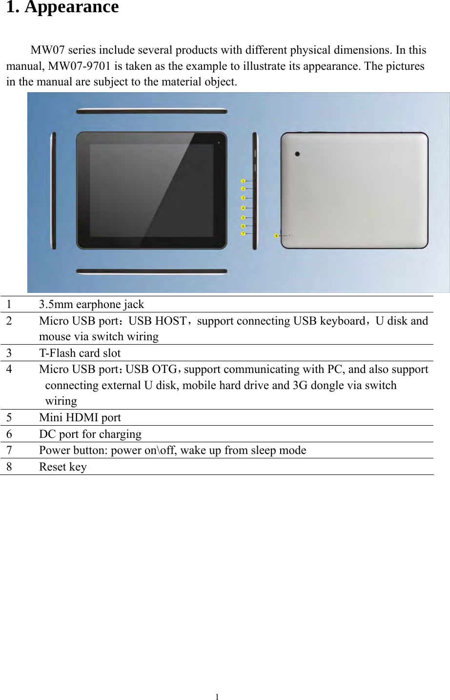 1 1. Appearance MW07 series include several products with different physical dimensions. In this manual, MW07-9701 is taken as the example to illustrate its appearance. The pictures in the manual are subject to the material object.    1  3.5mm earphone jack 2  Micro USB port：USB HOST，support connecting USB keyboard，U disk and mouse via switch wiring 3  T-Flash card slot   4  Micro USB port：USB OTG，support communicating with PC, and also support connecting external U disk, mobile hard drive and 3G dongle via switch wiring 5 Mini HDMI port 6  DC port for charging   7  Power button: power on\off, wake up from sleep mode   8 Reset key   