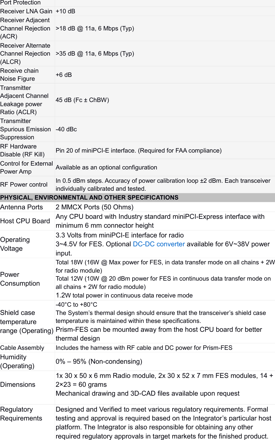 Port ProtectionReceiver LNA Gain +10 dBReceiver Adjacent Channel Rejection (ACR)&gt;18 dB @ 11a, 6 Mbps (Typ)Receiver Alternate Channel Rejection (ALCR)&gt;35 dB @ 11a, 6 Mbps (Typ)Receive chain Noise Figure +6 dBTransmitter Adjacent Channel Leakage power Ratio (ACLR)45 dB (Fc ± ChBW)Transmitter Spurious Emission Suppression-40 dBcRF Hardware Disable (RF Kill) Pin 20 of miniPCI-E interface. (Required for FAA compliance)Control for ExternalPower Amp Available as an optional configurationRF Power control In 0.5 dBm steps. Accuracy of power calibration loop ±2 dBm. Each transceiver individually calibrated and tested.PHYSICAL, ENVIRONMENTAL AND OTHER SPECIFICATIONSAntenna Ports 2 MMCX Ports (50 Ohms)Host CPU Board Any CPU board with Industry standard miniPCI-Express interface with minimum 6 mm connector heightOperating Voltage3.3 Volts from miniPCI-E interface for radio3~4.5V for FES. Optional DC-DC converter available for 6V~38V power input.Power ConsumptionTotal 18W (16W @ Max power for FES, in data transfer mode on all chains + 2Wfor radio module)Total 12W (10W @ 20 dBm power for FES in continuous data transfer mode on all chains + 2W for radio module)1.2W total power in continuous data receive modeShield case temperature range (Operating)-40°C to +80°CThe System’s thermal design should ensure that the transceiver’s shield case temperature is maintained within these specifications.Prism-FES can be mounted away from the host CPU board for better thermal designCable Assembly Includes the harness with RF cable and DC power for Prism-FESHumidity (Operating) 0% – 95% (Non-condensing)Dimensions1x 30 x 50 x 6 mm Radio module, 2x 30 x 52 x 7 mm FES modules, 14 + 2×23 = 60 gramsMechanical drawing and 3D-CAD files available upon requestRegulatory RequirementsDesigned and Verified to meet various regulatory requirements. Formal testing and approval is required based on the Integrator’s particular host platform. The Integrator is also responsible for obtaining any other required regulatory approvals in target markets for the finished product.