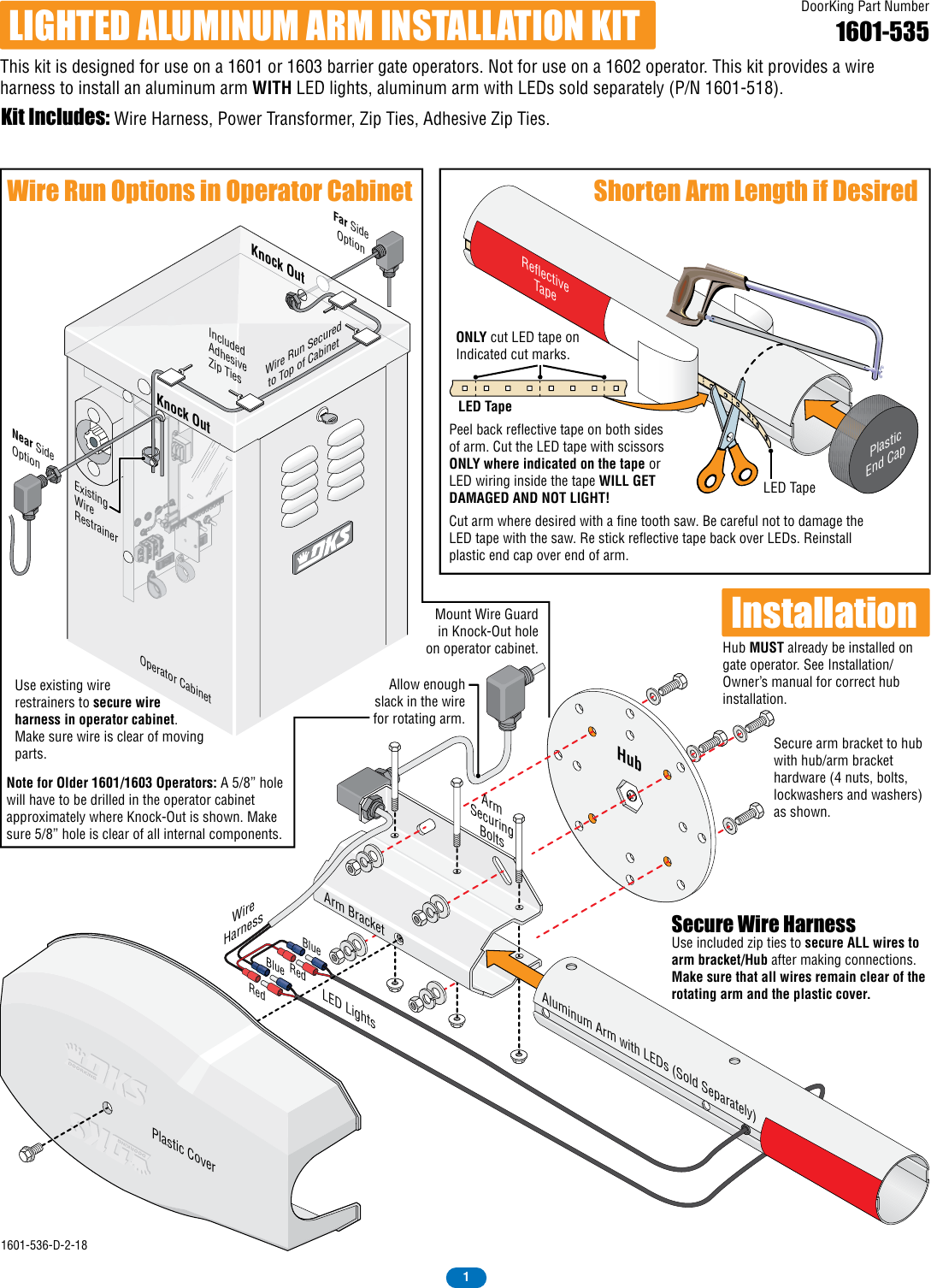 Page 1 of 2 - DoorKing Door King 1601 Lighted Aluminum Arm Installation Kit 1601-536-D-2-18 Pwr Harness