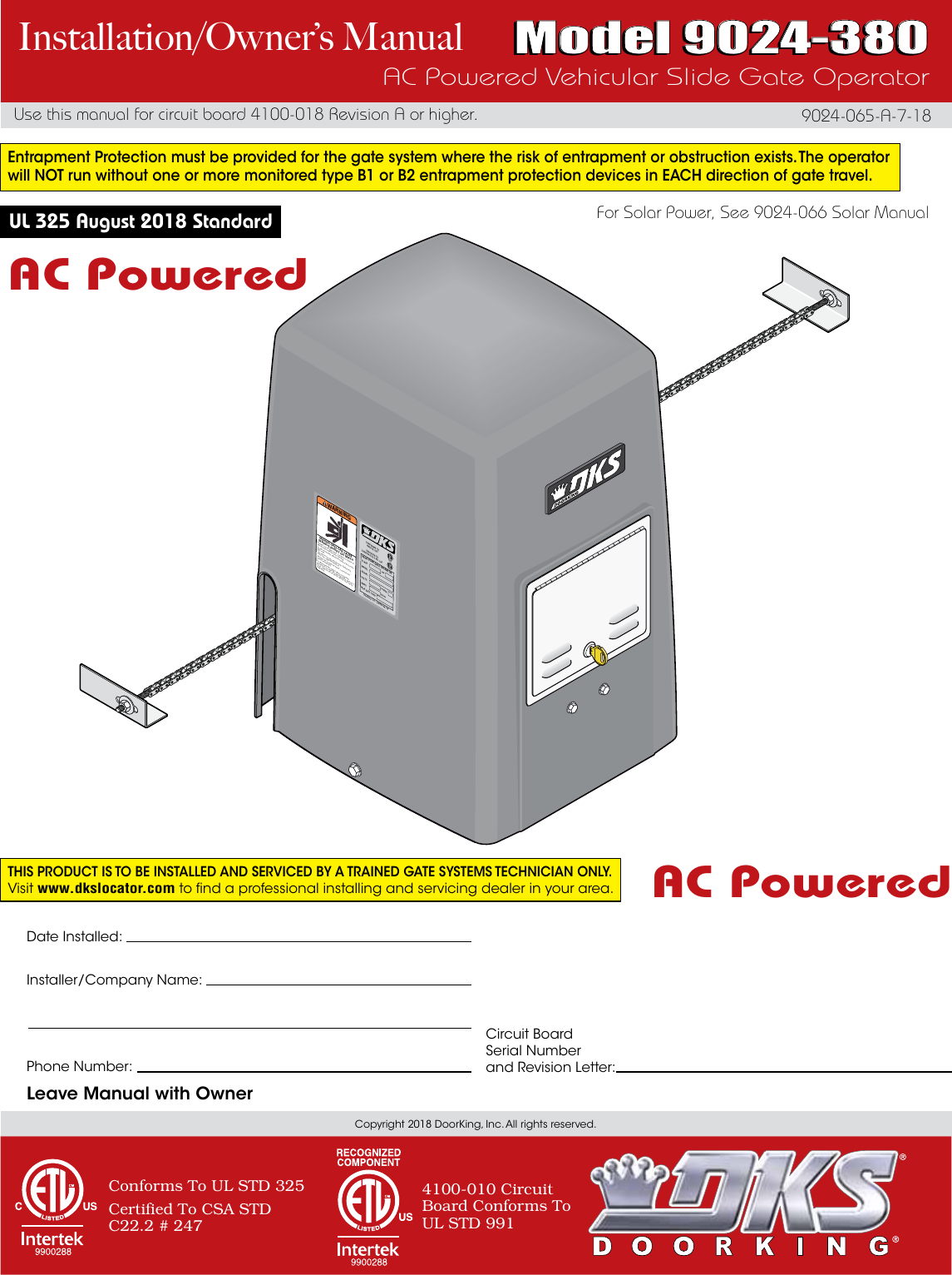 DoorKing Door King 9024 Series Installation Manual 065 A 7 18 115V UL18