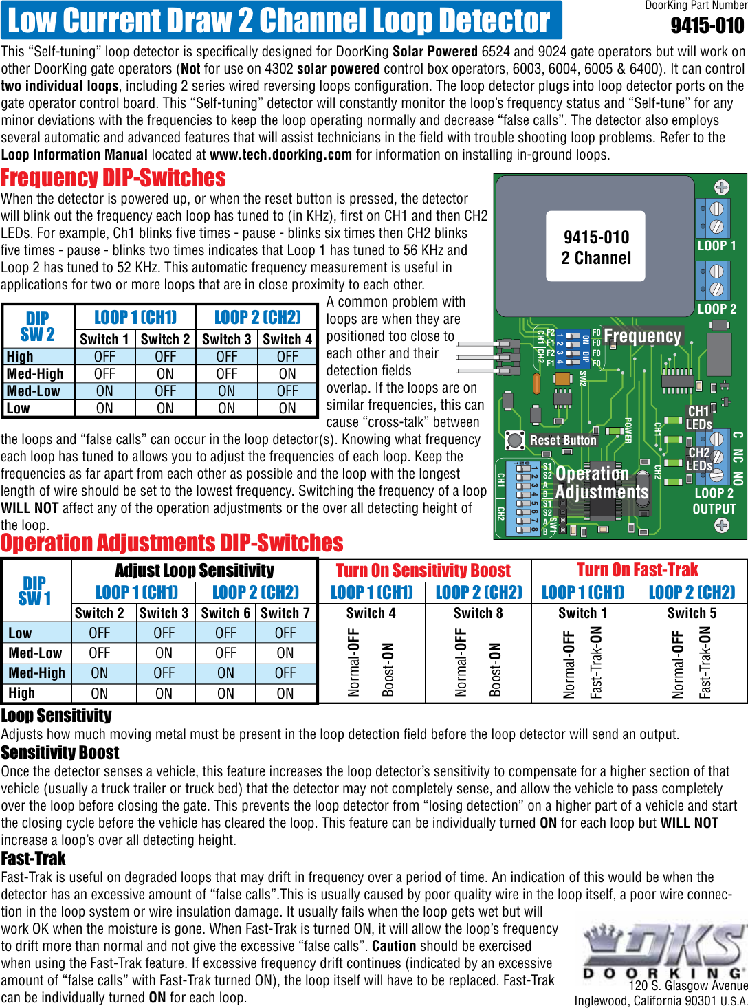 Page 1 of 2 - DoorKing Door King 9415 Low Current Draw 2 Channel Loop Detector Installation Manual 9415-065-B-12-17