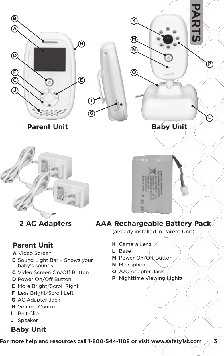 For more help and resources call 1-800-544-1108 or visit www.safety1st.com       3PARTSParent UnitA   Video ScreenB   Sound Light Bar – Shows your baby’s soundsC   Video Screen On/Off ButtonD   Power On/Off ButtonE   More Bright/Scroll RightF   Less Bright/Scroll LeftG   AC Adapter JackH   Volume ControlI    Belt ClipJ    SpeakerBaby UnitK   Camera LensL    BaseM   Power On/Off ButtonN   MicrophoneO   A/C Adapter JackP   Nighttime Viewing LightsParent Unit Baby Unit2 AC Adapters AAA Rechargeable Battery Pack(already installed in Parent Unit)GIKMNOLPHEAFCDJB