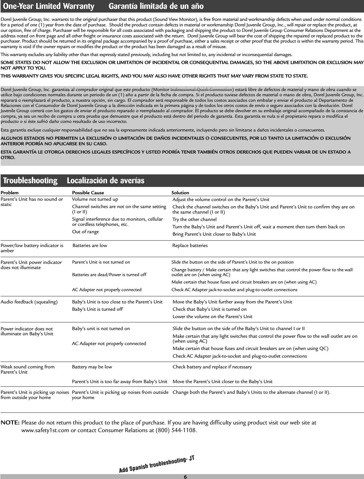 Dorel Juvenile Group, Inc. warrants to the original purchaser that this product (Sound View Monitor), is free from material and workmanship defects when used under normal conditionsfor a period of one (1) year from the date of purchase. Should the product contain defects in material or workmanship Dorel Juvenile Group, Inc., will repair or replace the product, atour option, free of charge. Purchaser will be responsible for all costs associated with packaging and shipping the product to Dorel Juvenile Group Consumer Relations Department at theaddress noted on front page and all other freight or insurance costs associated with the return. Dorel Juvenile Group will bear the cost of shipping the repaired or replaced product to thepurchaser. Product should be returned in its original package accompanied by a proof of purchase, either a sales receipt or other proof that the product is within the warranty period. Thiswarranty is void if the owner repairs or modifies the product or the product has been damaged as a result of misuse.This warranty excludes any liability other than that expressly stated previously, including but not limited to, any incidental or inconsequential damages.SOME STATES DO NOT ALLOW THE EXCLUSION OR LIMITATION OF INCIDENTAL OR CONSEQUENTIAL DAMAGES, SO THE ABOVE LIMITATION OR EXCLUSION MAYNOT APPLY TO YOU.THIS WARRANTY GIVES YOU SPECIFIC LEGAL RIGHTS, AND YOU MAY ALSO HAVE OTHER RIGHTS THAT MAY VARY FROM STATE TO STATE. Dorel Juvenile Group, Inc. garantiza al comprador original que este producto (Monitor bidireccional Quick Connection) estará libre de defectos de material y mano de obra cuando seutilice bajo condiciones normales durante un periodo de un (1) año a partir de la fecha de compra. Si el producto tuviese defectos de material o mano de obra, Dorel Juvenile Group, Inc.reparará o reemplazará el producto, a nuestra opción, sin cargo. El comprador será responsable de todos los costos asociados con embalar y enviar el producto al Departamento deRelaciones con el Consumidor de Dorel Juvenile Group a la dirección indicada en la primera página y de todos los otros costos de envío o seguro asociados con la devolución. DorelJuvenile Group correrá con los gastos de enviar el producto reparado o reemplazado al comprador. El producto se debe devolver en su embalaje original acompañado de la constancia decompra, ya sea un recibo de compra u otra prueba que demuestre que el producto está dentro del periodo de garantía. Esta garantía es nula si el propietario repara o modifica elproducto o si éste sufrió daño como resultado de uso incorrecto.Esta garantía excluye cualquier responsabilidad que no sea la expresamente indicada anteriormente, incluyendo pero sin limitarse a daños incidentales o consecuentes.ALGUNOS ESTADOS NO PERMITEN LA EXCLUSIÓN O LIMITACIÓN DE DAÑOS INCIDENTALES O CONSECUENTES, POR LO TANTO LA LIMITACIÓN O EXCLUSIÓNANTERIOR PODRÍA NO APLICARSE EN SU CASO.ESTA GARANTÍA LE OTORGA DERECHOS LEGALES ESPECÍFICOS Y USTED PODRÍA TENER TAMBIÉN OTROS DERECHOS QUE PUEDEN VARIAR DE UN ESTADO AOTRO.6Problem Possible Cause SolutionAudio feedback (squealing) Baby’s Unit is too close to the Parent’s UnitBaby’s Unit is turned offMove the Baby’s Unit further away from the Parent’s UnitCheck that Baby’s Unit is turned onLower the volume on the Parent’s UnitNOTE:Please do not return this product to the place of purchase. If you are having difficulty using product visit our web site atwww.safety1st.com or contact Consumer Relations at (800) 544-1108. Power/low battery indicator isamberBatteries are low Replace batteriesTroubleshooting    Localización de averíasOne-Year Limited Warranty      Garantía limitada de un añoAdd Spanish troubleshooting- JTParent’s Unit has no sound orstaticVolume not turned upChannel switches are not on the same setting(I or II)Signal interference due to monitors, cellularor cordless telephones, etc.Out of rangeAdjust the volume control on the Parent’s UnitCheck the channel switches on the Baby’s Unit and Parent’s Unit to confirm they are onthe same channel (I or II)Try the other channelTurn the Baby’s Unit and Parent’s Unit off, wait a moment then turn them back onBring Parent’s Unit closer to Baby’s UnitParent’s Unit power indicatordoes not illuminateParent’s Unit is not turned onBatteries are dead/Power is turned offAC Adapter not properly connectedSlide the button on the side of Parent’s Unit to the on positionChange battery / Make certain that any light switches that control the power flow to the walloutlet are on (when using AC)Make certain that house fuses and circuit breakers are on (when using AC)Check AC Adapter jack-to-socket and plug-to-outlet connectionsPower indicator does notilluminate on Baby’s UnitBaby’s unit is not turned onAC Adapter not properly connectedSlide the button on the side of the Baby’s Unit to channel I or IIMake certain that any light switches that control the power flow to the wall outlet are on(when using AC)Make certain that house fuses and circuit breakers are on (when using QC)Check AC Adapter jack-to-socket and plug-to-outlet connectionsWeak sound coming fromParent’s UnitBattery may be lowParent’s Unit is too far away from Baby’s UnitCheck battery and replace if necessaryMove the Parent’s Unit closer to the Baby’s UnitParent’s Unit is picking up noisesfrom outside your homeParent’s Unit is picking up noises from outsideyour homeChange both the Parent’s and Baby’s Units to the alternate channel (I or II).