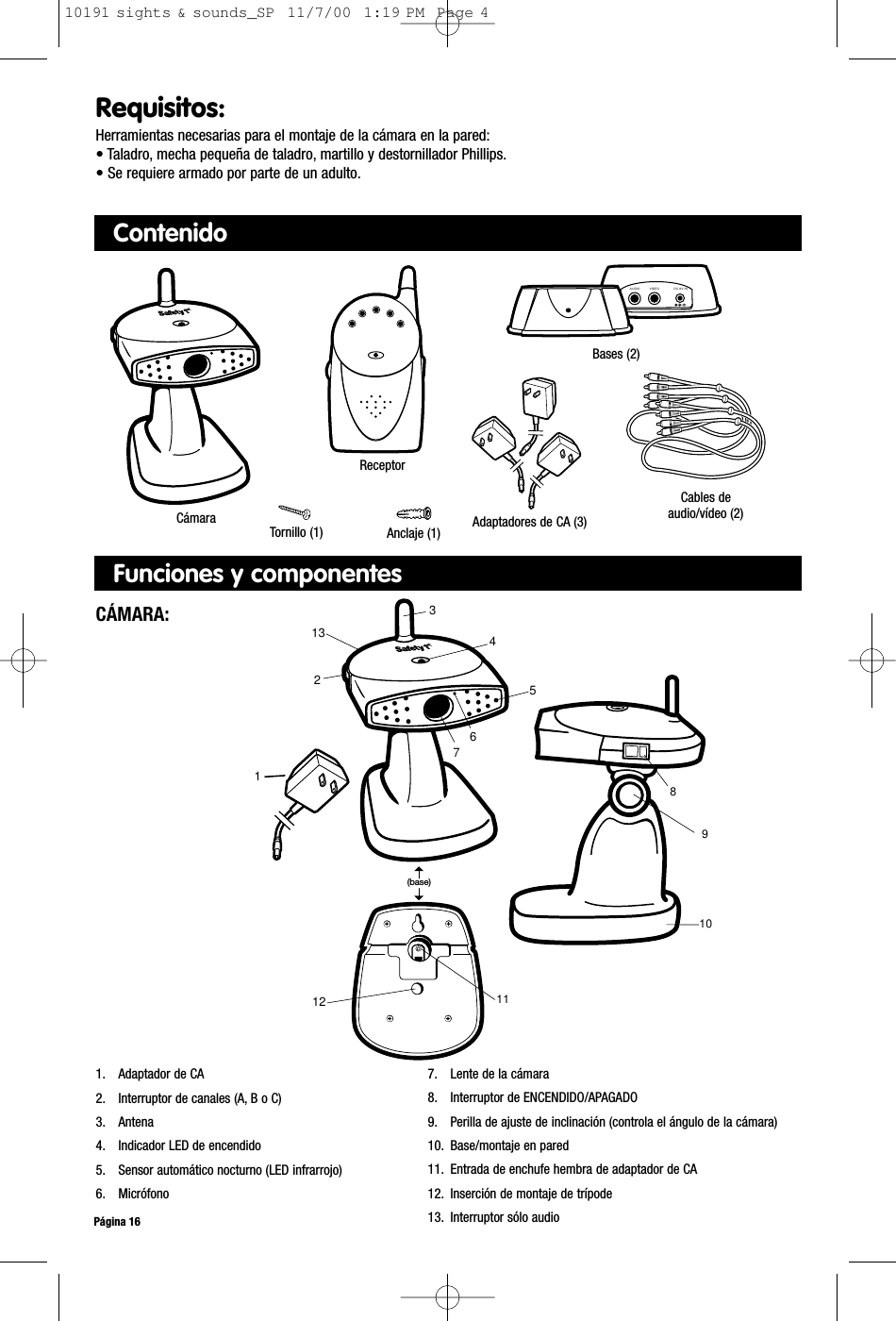 ContenidoCámaraCÁMARA:1. Adaptador de CA 2. Interruptor de canales (A, B o C)3. Antena4. Indicador LED de encendido5. Sensor automático nocturno (LED infrarrojo)6. Micrófono7. Lente de la cámara8. Interruptor de ENCENDIDO/APAGADO9. Perilla de ajuste de inclinación (controla el ángulo de la cámara)10. Base/montaje en pared11. Entrada de enchufe hembra de adaptador de CA12. Inserción de montaje de trípode13. Interruptor sólo audioPágina 16Requisitos:Herramientas necesarias para el montaje de la cámara en la pared:• Taladro, mecha pequeña de taladro, martillo y destornillador Phillips.• Se requiere armado por parte de un adulto.1081154711213326(base)9VIDEOAUDIO DC-9V INReceptor Adaptadores de CA (3)Tornillo (1)Cables deaudio/vídeo (2)Bases (2)Anclaje (1)Funciones y componentes10191 sights &amp; sounds_SP  11/7/00  1:19 PM  Page 4