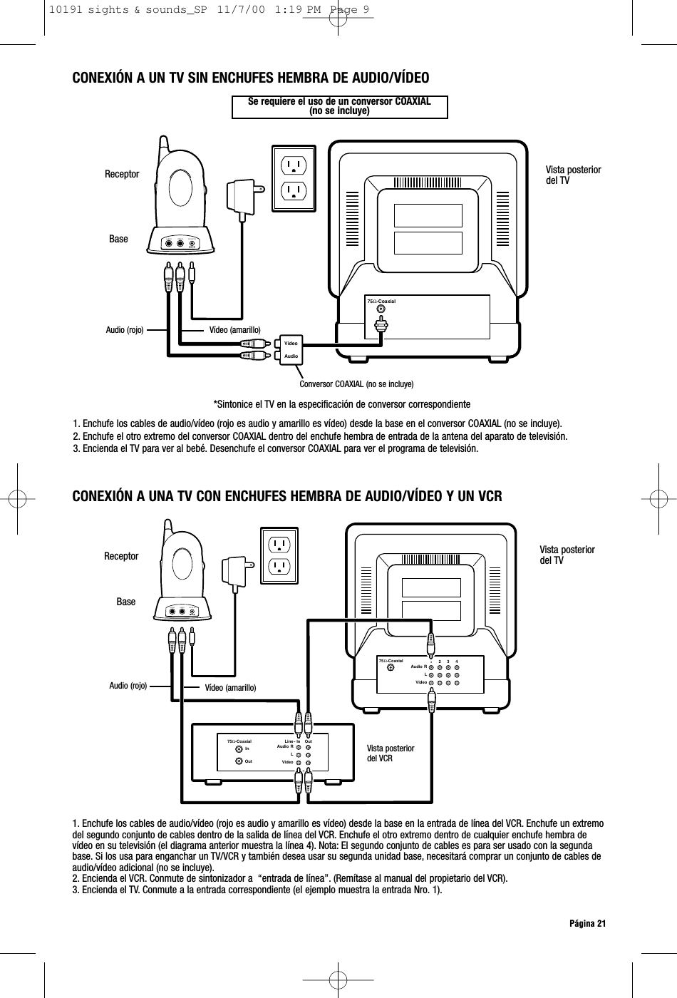 75Ω-CoaxialAudio RLVideo1     2     3     475Ω-CoaxialAudio RLVideoLine - In    Out In  OutVIDEOAUDIO DC-9V IN75Ω-CoaxialAudio VideoVIDEOAUDIO DC-9V INPágina 21Se requiere el uso de un conversor COAXIAL (no se incluye)*Sintonice el TV en la especificación de conversor correspondiente1. Enchufe los cables de audio/vídeo (rojo es audio y amarillo es vídeo) desde la base en el conversor COAXIAL (no se incluye).2. Enchufe el otro extremo del conversor COAXIAL dentro del enchufe hembra de entrada de la antena del aparato de televisión.3. Encienda el TV para ver al bebé. Desenchufe el conversor COAXIAL para ver el programa de televisión.ReceptorVista posteriordel TVCONEXIÓN A UN TV SIN ENCHUFES HEMBRA DE AUDIO/VÍDEOBaseCONEXIÓN A UNA TV CON ENCHUFES HEMBRA DE AUDIO/VÍDEO Y UN VCR1. Enchufe los cables de audio/vídeo (rojo es audio y amarillo es vídeo) desde la base en la entrada de línea del VCR. Enchufe un extremodel segundo conjunto de cables dentro de la salida de línea del VCR. Enchufe el otro extremo dentro de cualquier enchufe hembra devídeo en su televisión (el diagrama anterior muestra la línea 4). Nota: El segundo conjunto de cables es para ser usado con la segundabase. Si los usa para enganchar un TV/VCR y también desea usar su segunda unidad base, necesitará comprar un conjunto de cables deaudio/vídeo adicional (no se incluye).2. Encienda el VCR. Conmute de sintonizador a  “entrada de línea”. (Remítase al manual del propietario del VCR).3. Encienda el TV. Conmute a la entrada correspondiente (el ejemplo muestra la entrada Nro. 1).ReceptorVista posteriordel VCRBaseVista posteriordel TVAudio (rojo)  Vídeo (amarillo)Audio (rojo)  Vídeo (amarillo)Conversor COAXIAL (no se incluye)10191 sights &amp; sounds_SP  11/7/00  1:19 PM  Page 9