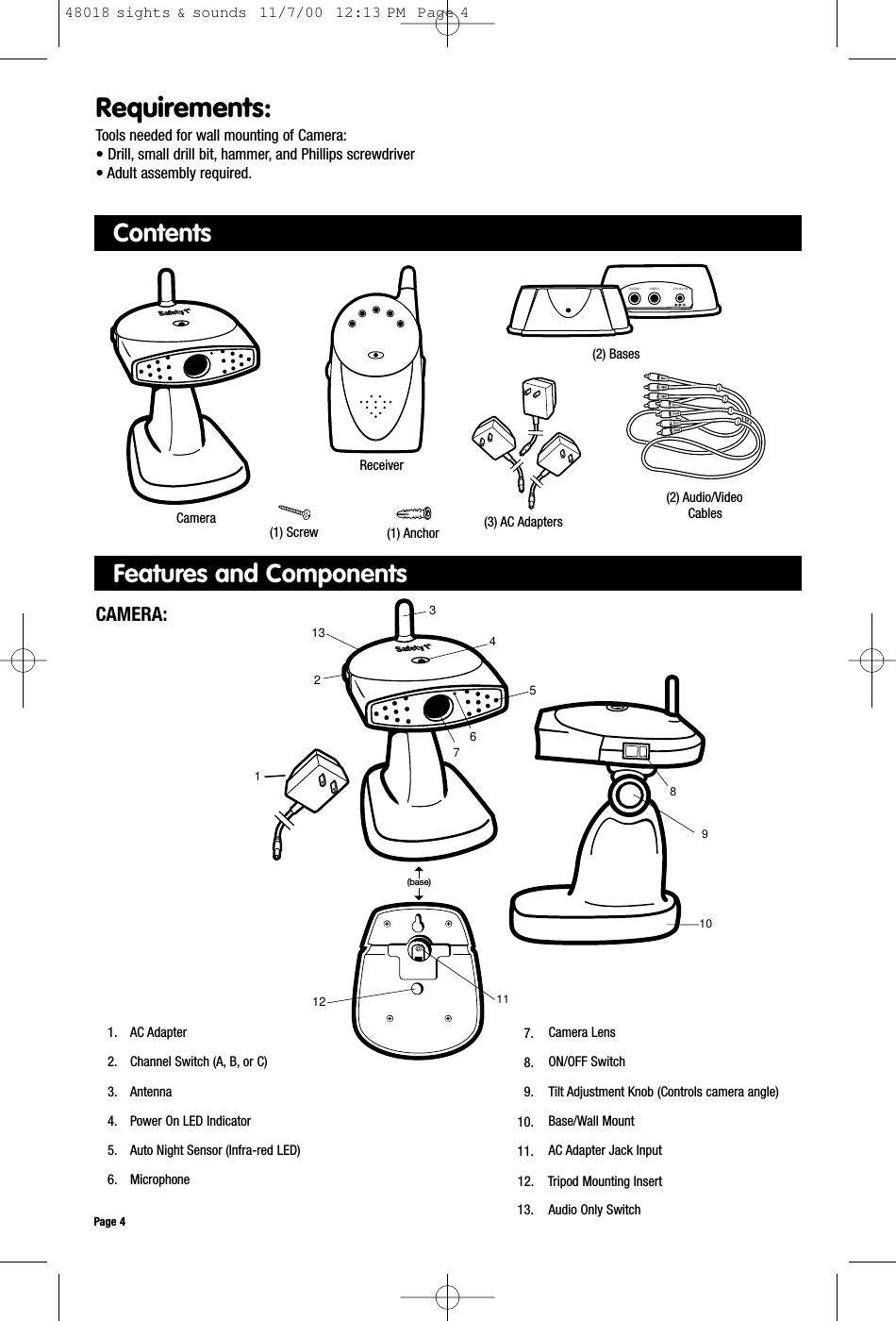 ContentsCameraCAMERA:1. AC Adapter 2. Channel Switch (A, B, or C)3. Antenna4. Power On LED Indicator5. Auto Night Sensor (Infra-red LED)6. MicrophoneCamera LensON/OFF SwitchTilt Adjustment Knob (Controls camera angle)Base/Wall MountAC Adapter Jack InputAudio Only SwitchPage 4Requirements:Tools needed for wall mounting of Camera:• Drill, small drill bit, hammer, and Phillips screwdriver• Adult assembly required.1081154711213326(base)97.8.9.10.11.13.VIDEOAUDIO DC-9V INReceiver (3) AC Adapters(1) Screw(2) Audio/VideoCables(2) Bases 12. Tripod Mounting Insert(1) AnchorFeatures and Components48018 sights &amp; sounds  11/7/00  12:13 PM  Page 4