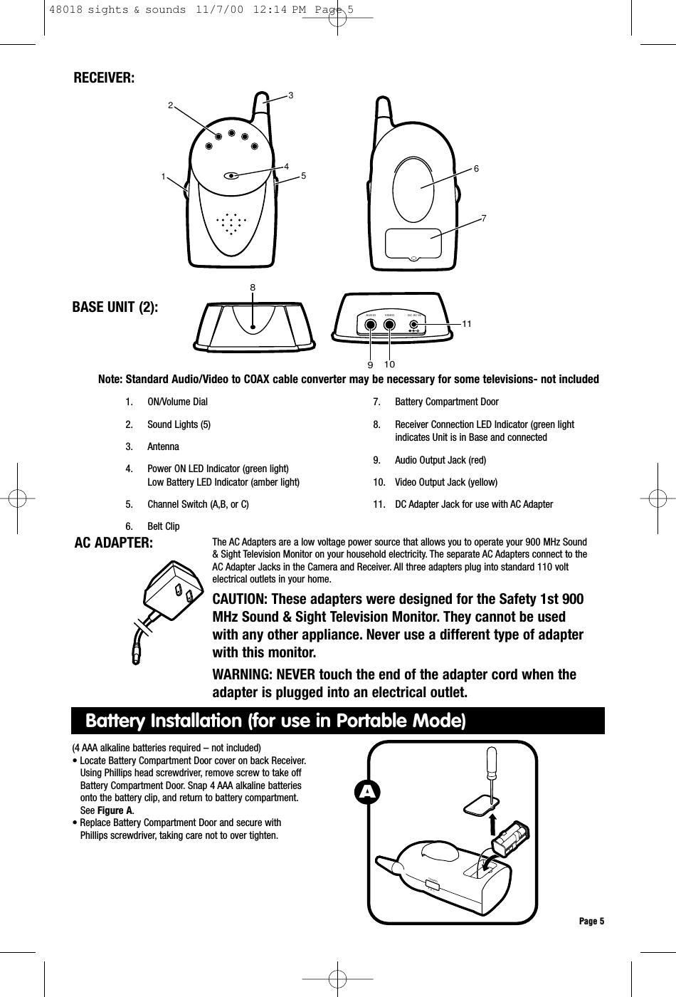 Note: Standard Audio/Video to COAX cable converter may be necessary for some televisions- not includedPage 5AC ADAPTER: The AC Adapters are a low voltage power source that allows you to operate your 900 MHz Sound&amp; Sight Television Monitor on your household electricity. The separate AC Adapters connect to theAC Adapter Jacks in the Camera and Receiver. All three adapters plug into standard 110 voltelectrical outlets in your home.CAUTION: These adapters were designed for the Safety 1st 900MHz Sound &amp; Sight Television Monitor. They cannot be usedwith any other appliance. Never use a different type of adapterwith this monitor.WARNING: NEVER touch the end of the adapter cord when theadapter is plugged into an electrical outlet.RECEIVER:1. ON/Volume Dial2. Sound Lights (5)3. Antenna 4. Power ON LED Indicator (green light)Low Battery LED Indicator (amber light)5. Channel Switch (A,B, or C)6. Belt Clip 7. Battery Compartment Door 8. Receiver Connection LED Indicator (green light indicates Unit is in Base and connected9. Audio Output Jack (red)10. Video Output Jack (yellow)11. DC Adapter Jack for use with AC Adapter8VIDEOAUDIO DC-9V IN109112 431 5 67BASE UNIT (2):(4 AAA alkaline batteries required – not included)• Locate Battery Compartment Door cover on back Receiver.Using Phillips head screwdriver, remove screw to take off   Battery Compartment Door. Snap 4 AAA alkaline batteries onto the battery clip, and return to battery compartment.See Figure A.• Replace Battery Compartment Door and secure with Phillips screwdriver, taking care not to over tighten.CHANNELA  B  CABattery Installation (for use in Portable Mode)48018 sights &amp; sounds  11/7/00  12:14 PM  Page 5