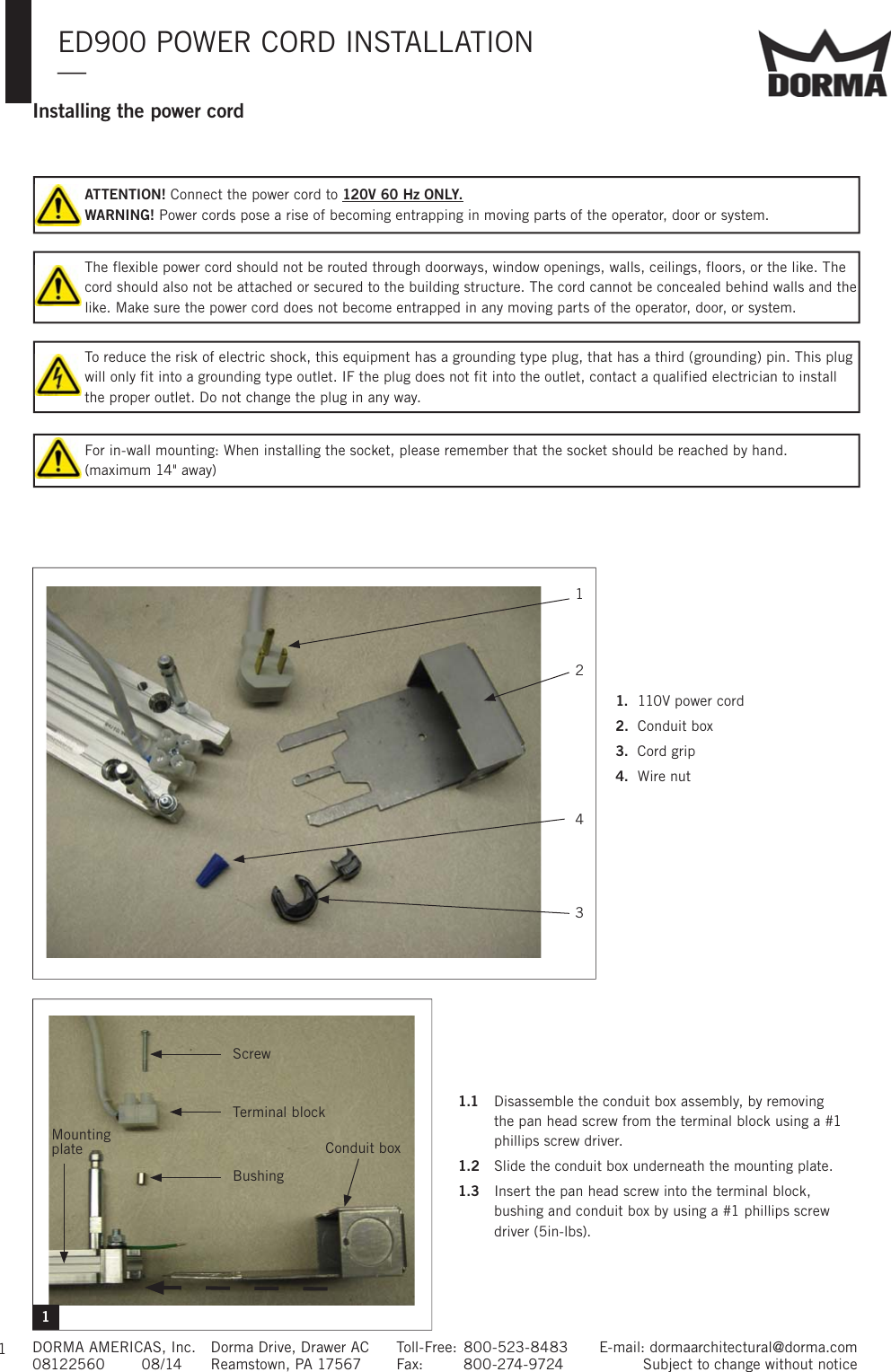 Page 1 of 2 - Dorma ED900 - Power Cord Install Inst Installation Instructions 08121030-ins-ed900-power-cord-8-14