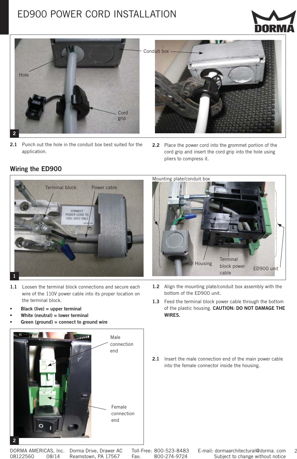 Page 2 of 2 - Dorma ED900 - Power Cord Install Inst Installation Instructions 08121030-ins-ed900-power-cord-8-14