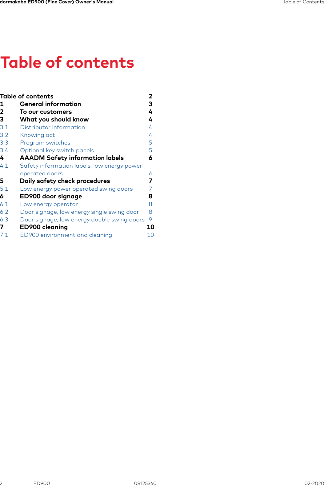 Page 2 of 12 - Dorma  ED900 Low Energy Swing Door Operators Owners Manual 08125360-r021120-ed900-owners-manual--fine-cover