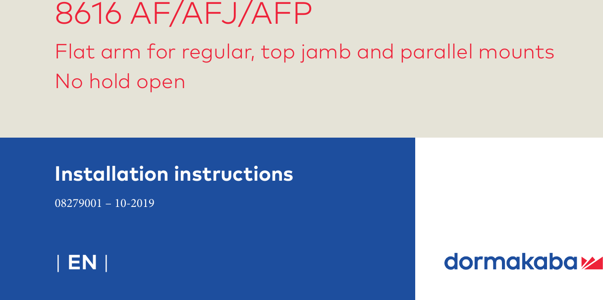 Page 1 of 9 - Dorma 8616 AF/AFJ/AFP Installation Instructions 08279001-8616-af-afj-afp-ins-1019