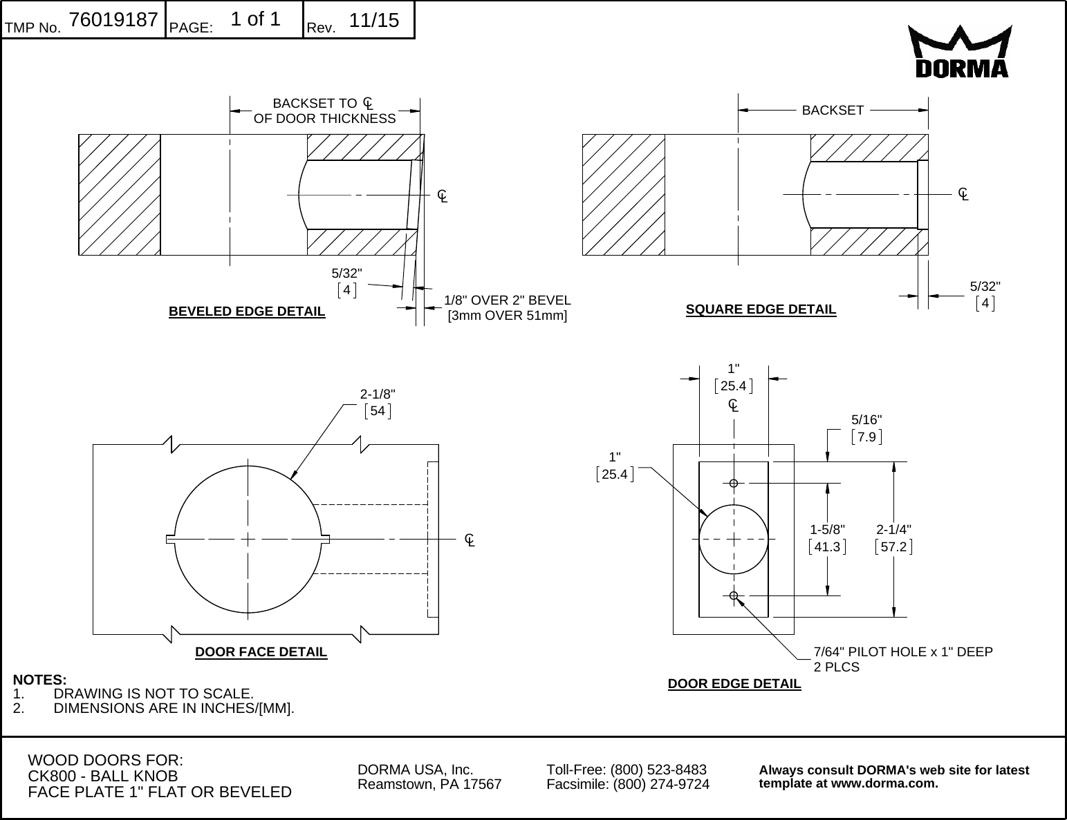 Page 1 of 2 - Dorma  C800 Knob Wood/Metal Door W/ 1” Face Plate Technical Drawing 76019187-188-rev1115-combined