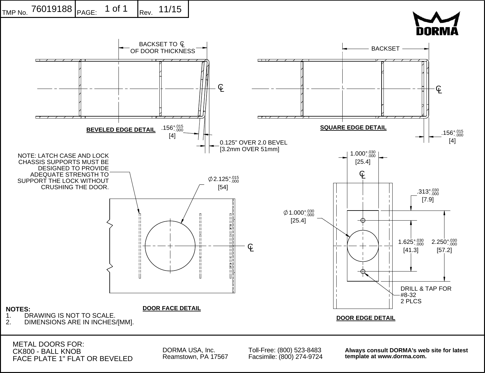 Page 2 of 2 - Dorma  C800 Knob Wood/Metal Door W/ 1” Face Plate Technical Drawing 76019187-188-rev1115-combined